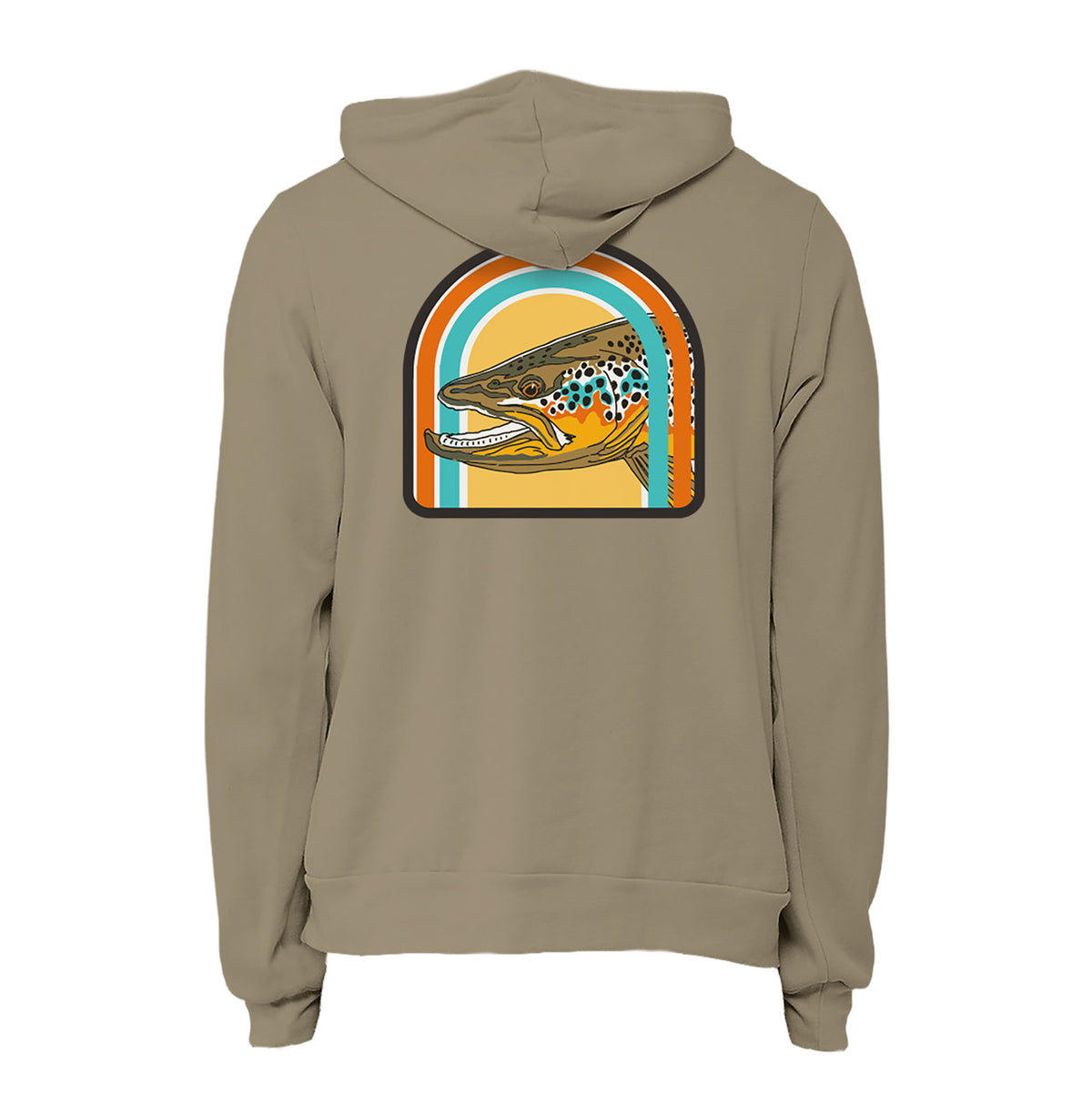 A taupe-colored pullover hoodie shown from the back, featuring a large graphic print of a trout inside an arch with retro orange, teal, and yellow stripes.