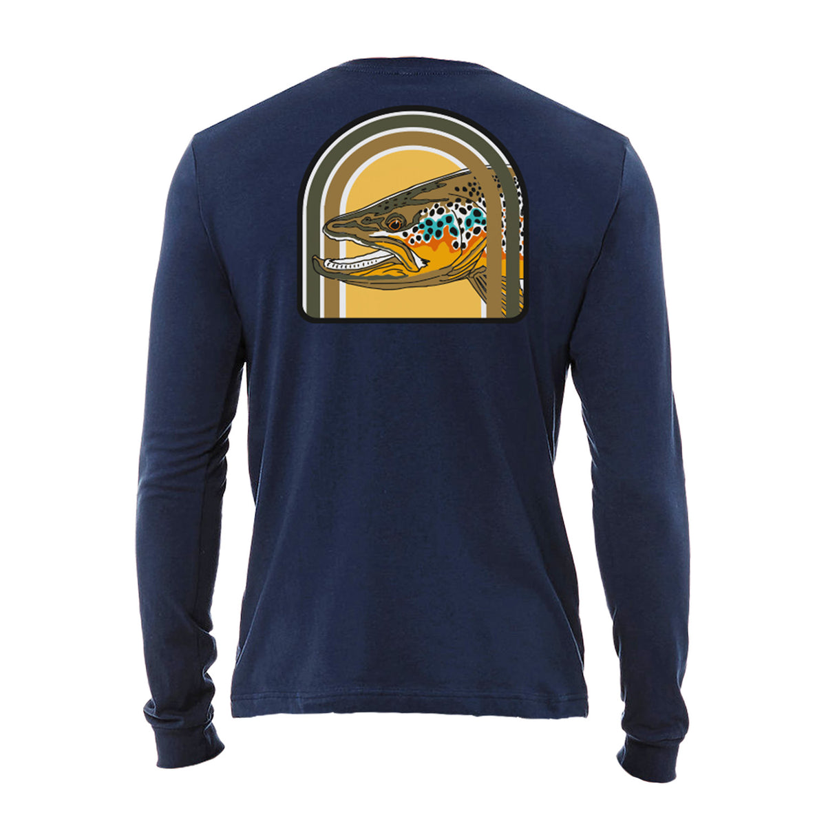 Navy blue long-sleeve shirt with a fish graphic on the back against a yellow background