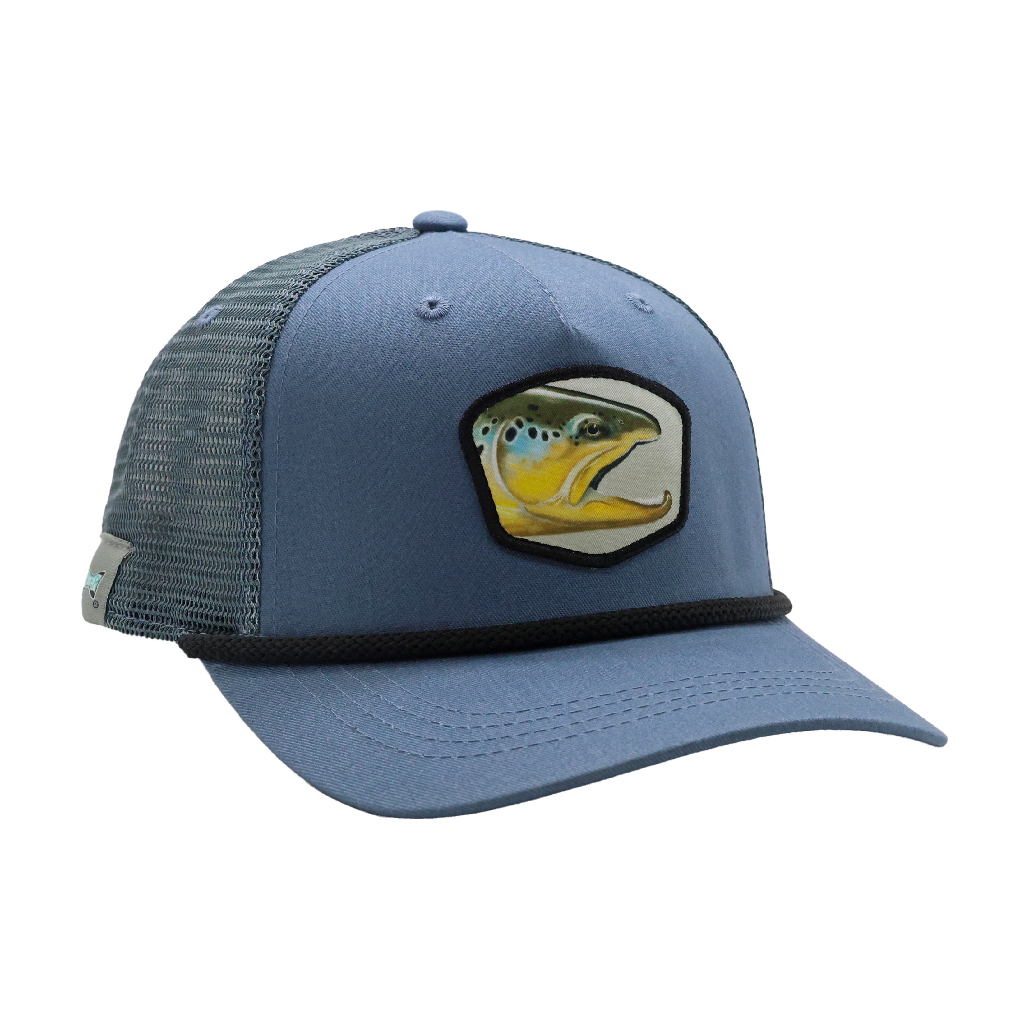 Blue cap with embroidered trout head patch on front