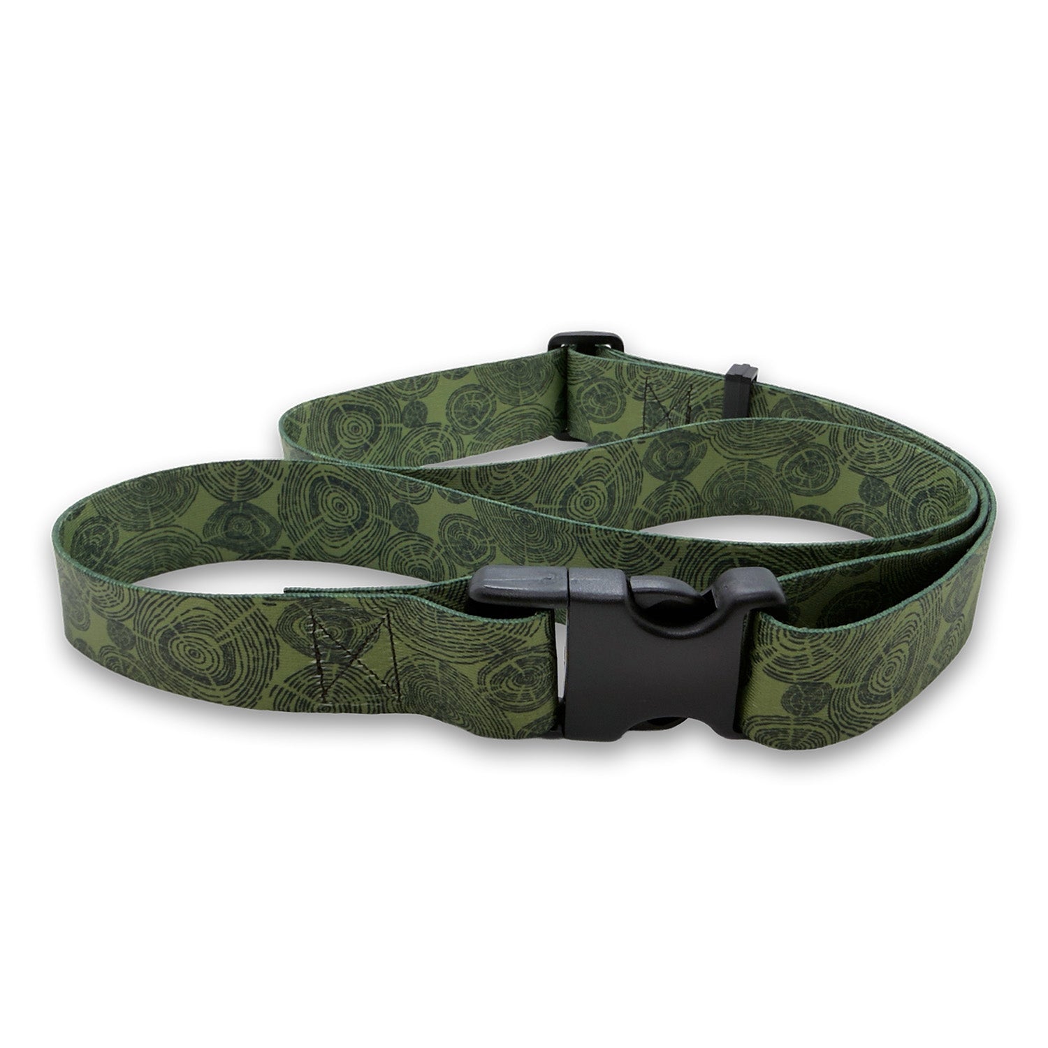 Green tree ring patterned wading belt with a black buckle on a white background