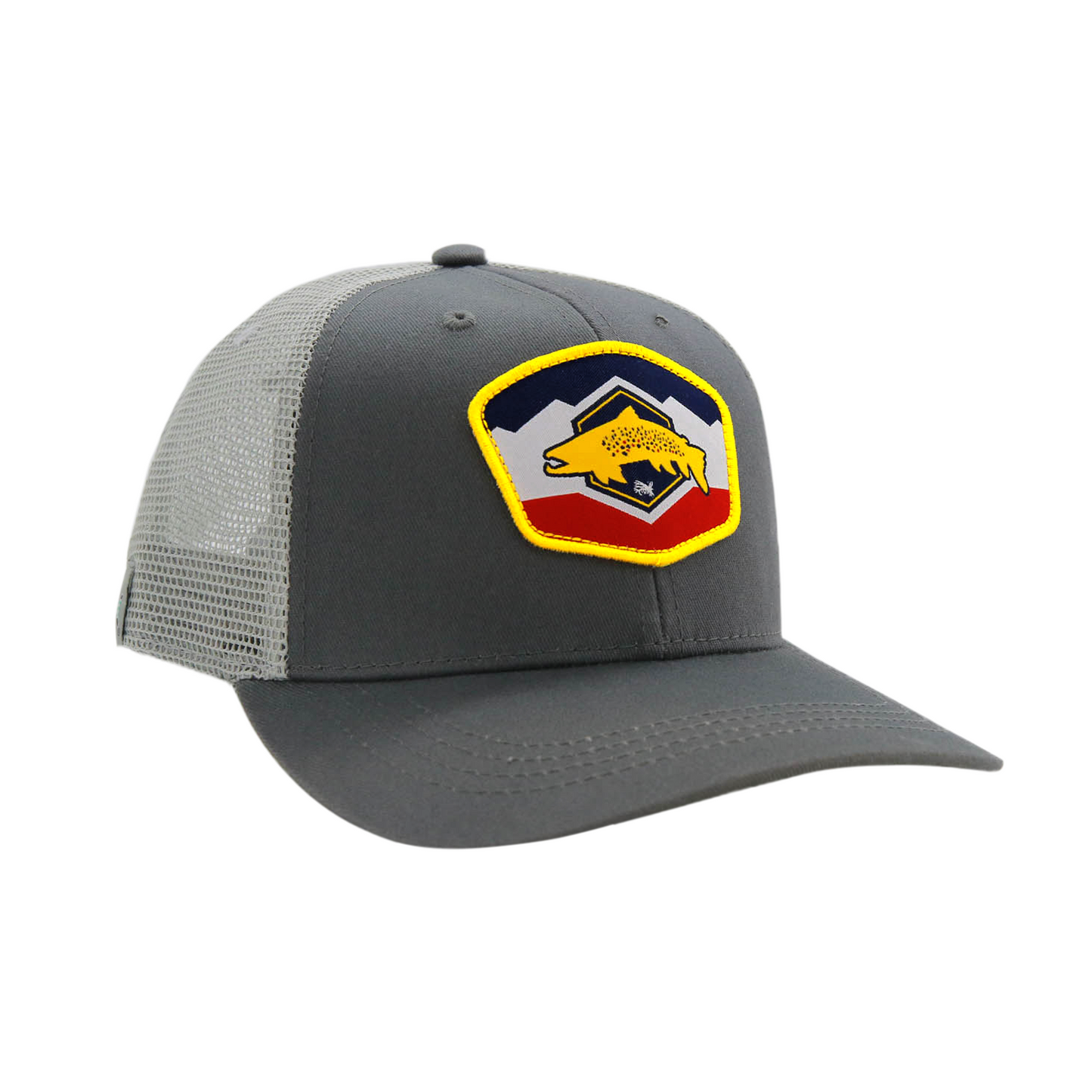 Gray front and light gray mesh back with the new utah flag and brown trout in the front