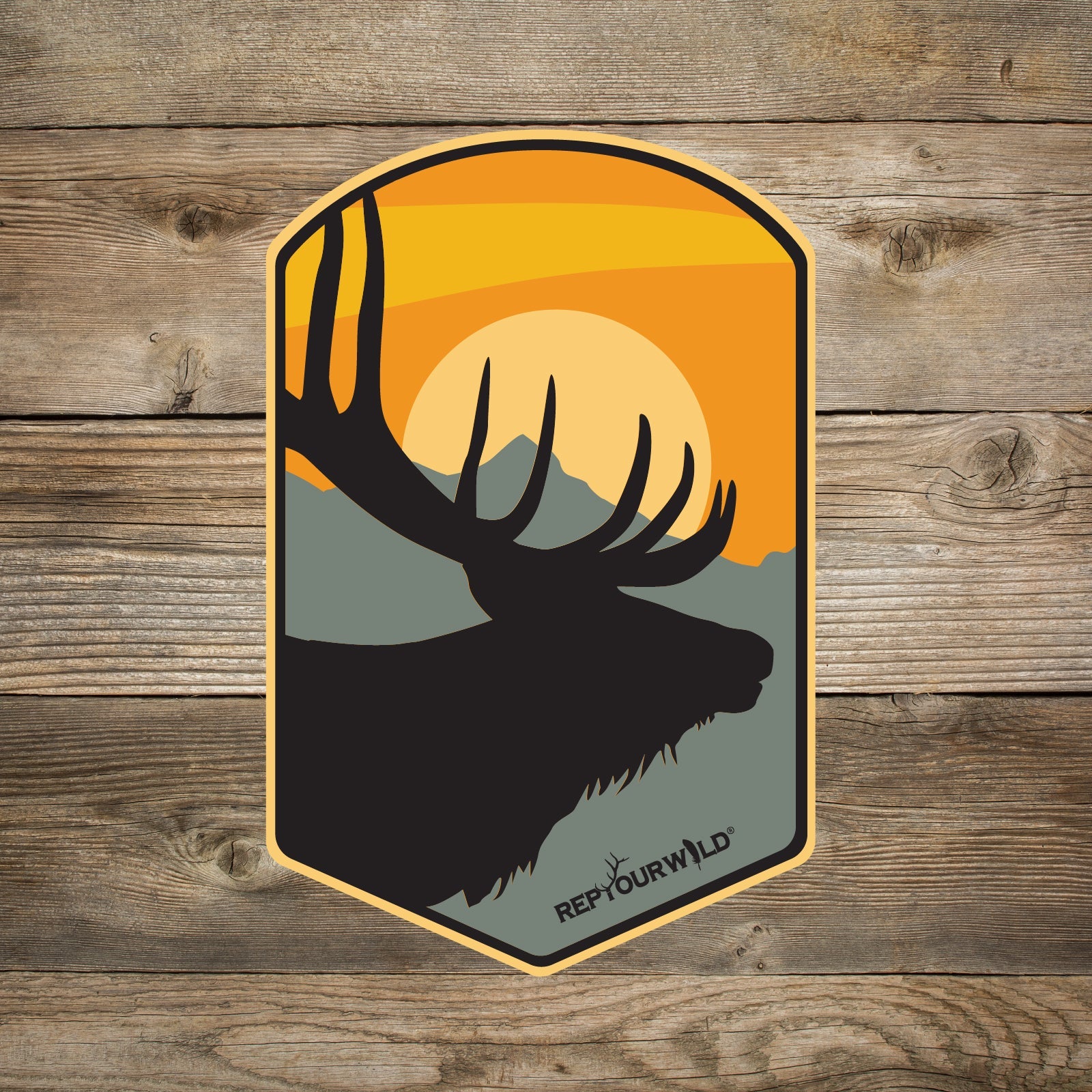 Sticker Black Orange Gray with Sunset behind mountains with elk head