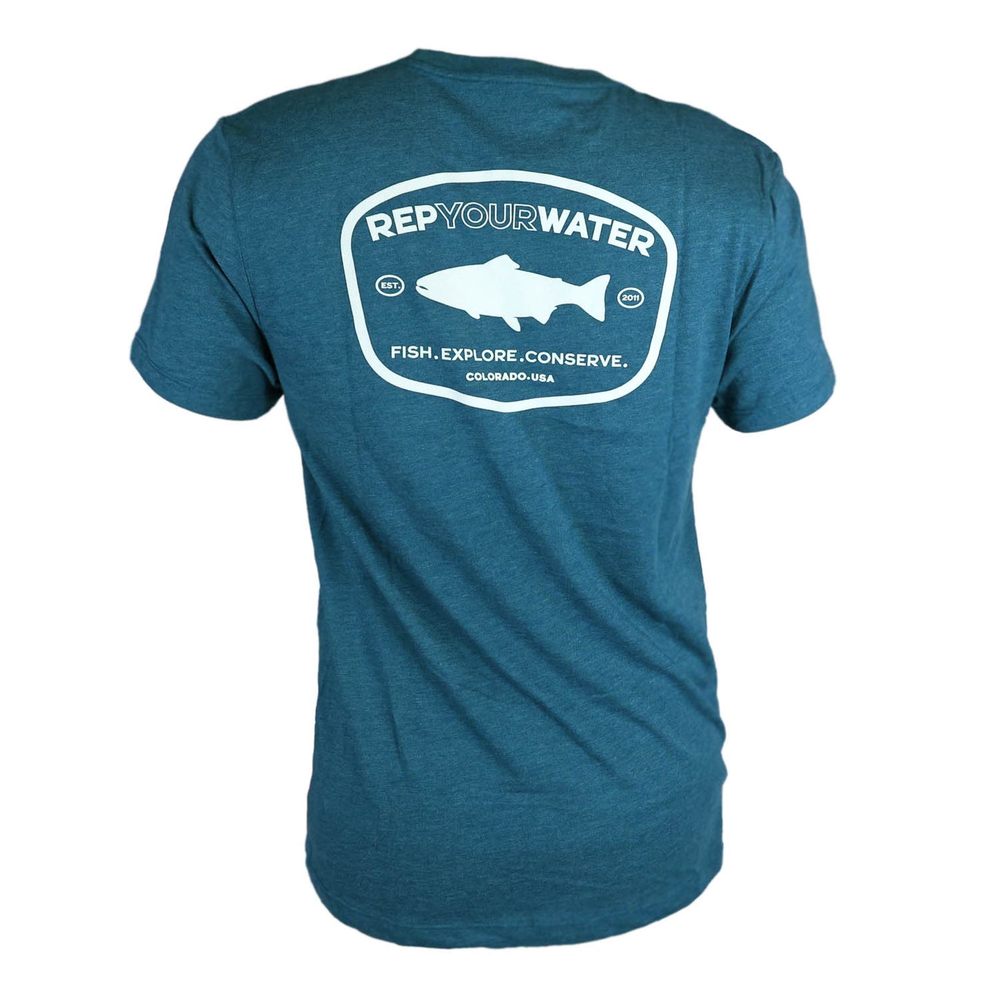 The back of a blue shirt that says RepYourWater, fish explore conserve, Colorado USA, and est 2011.