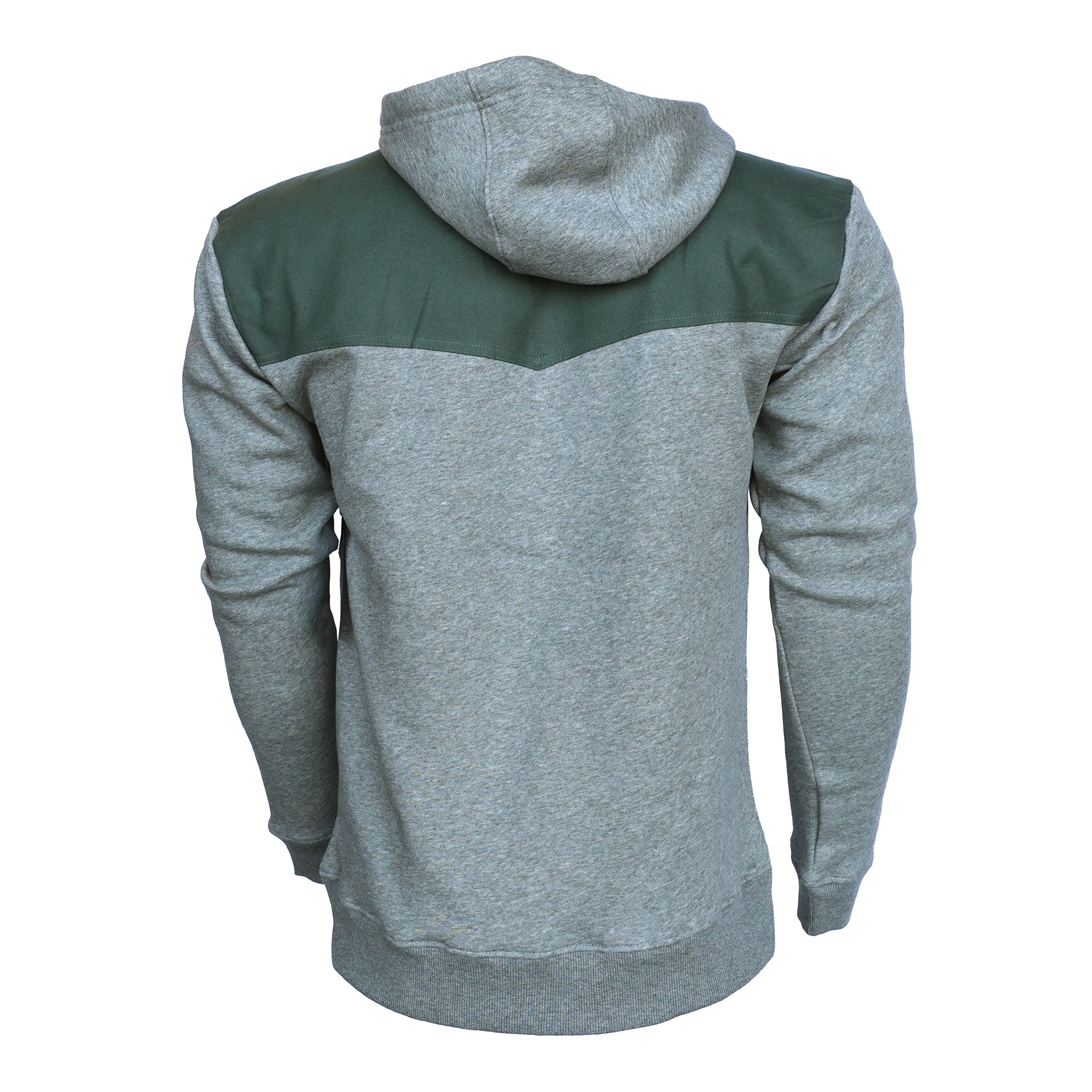 back of grey hoody with green shoulder yoke