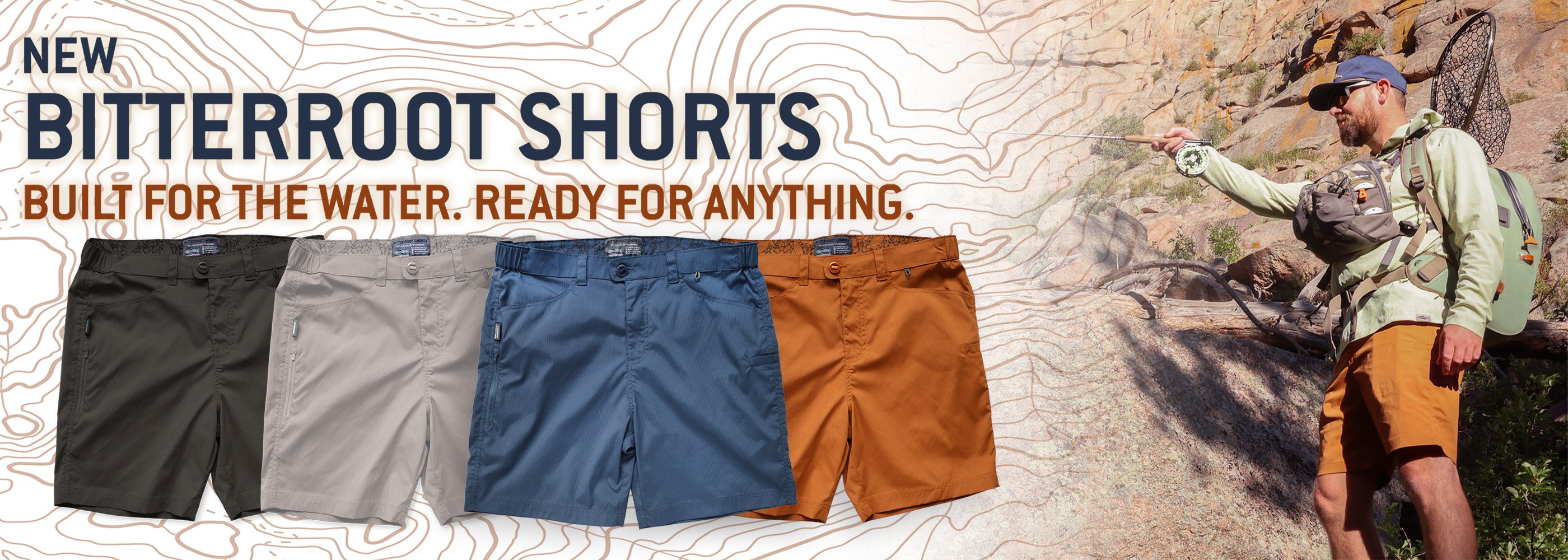 Men’s Bitterroot fishing shorts in multiple colors with model fly fishing on rocky terrain