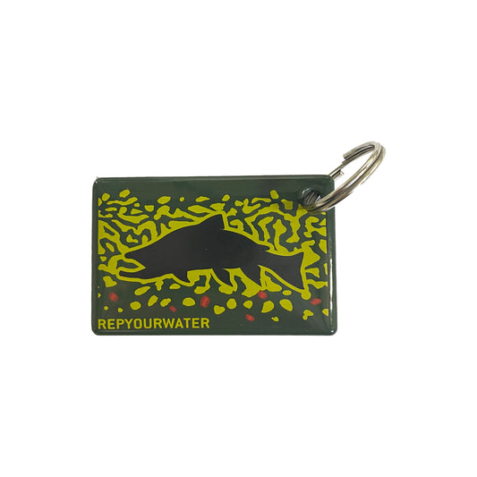 a rectangular key ring features a trout on top of brook trout skin design