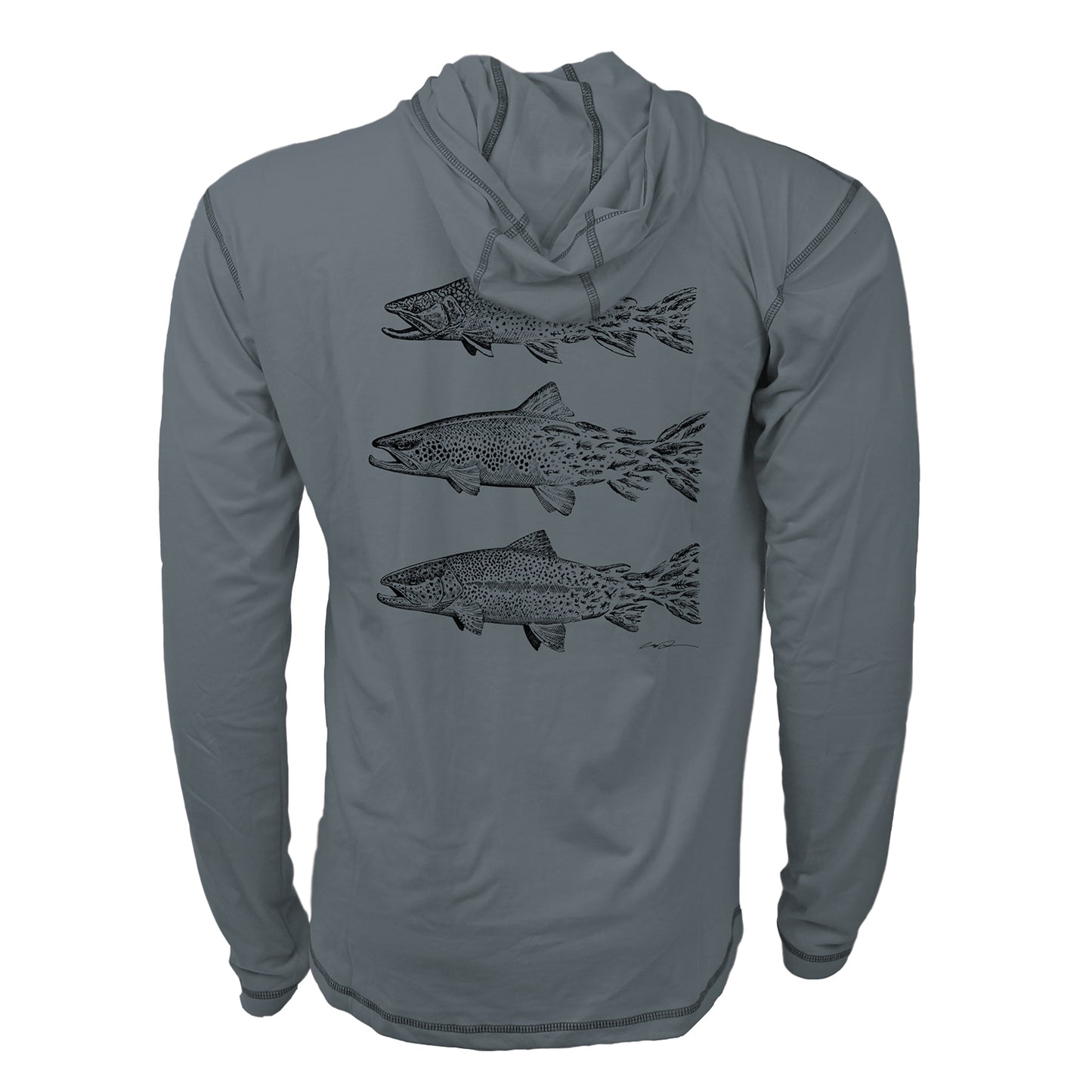 a slate blue hoody features three artistically rendered trout
