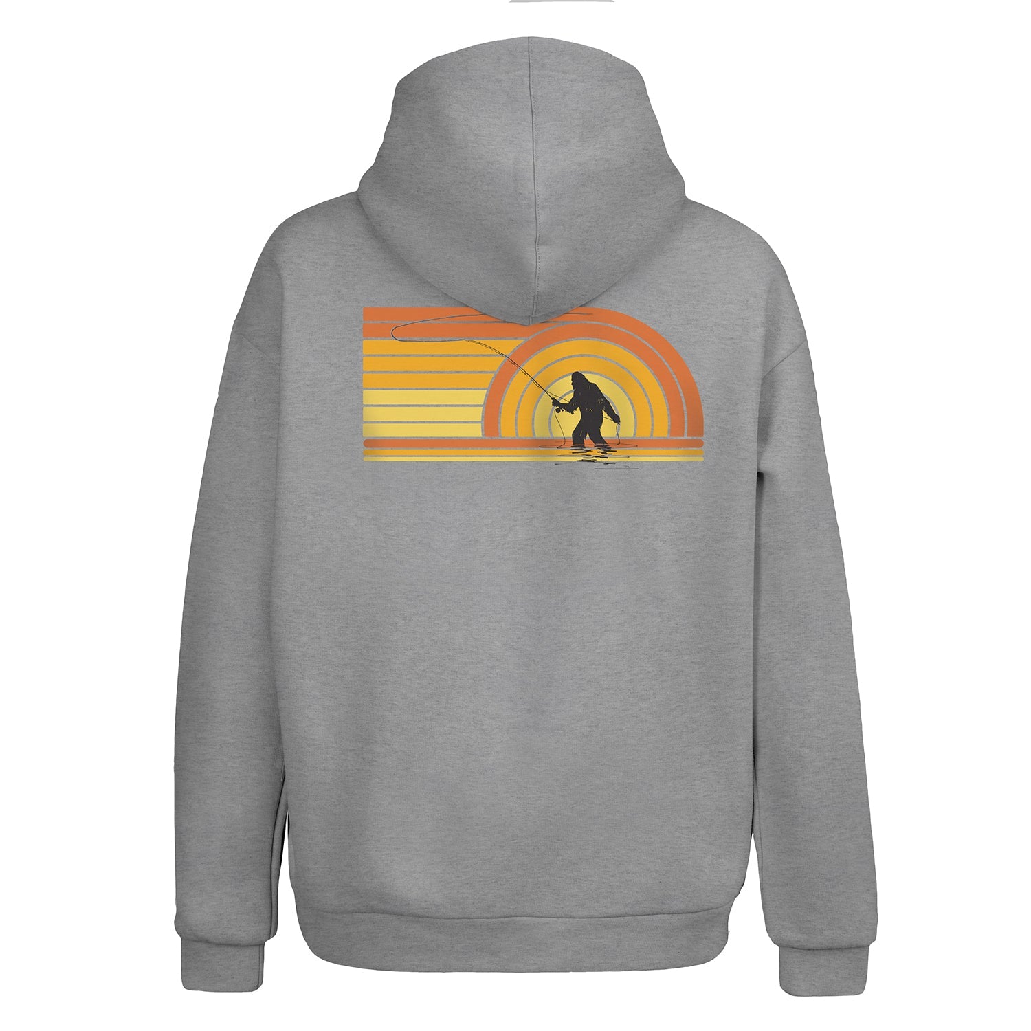 light grey hoodie with a picture of sasquatch casting a fly rod on the back and shades of orange and yellow making a retro sunset