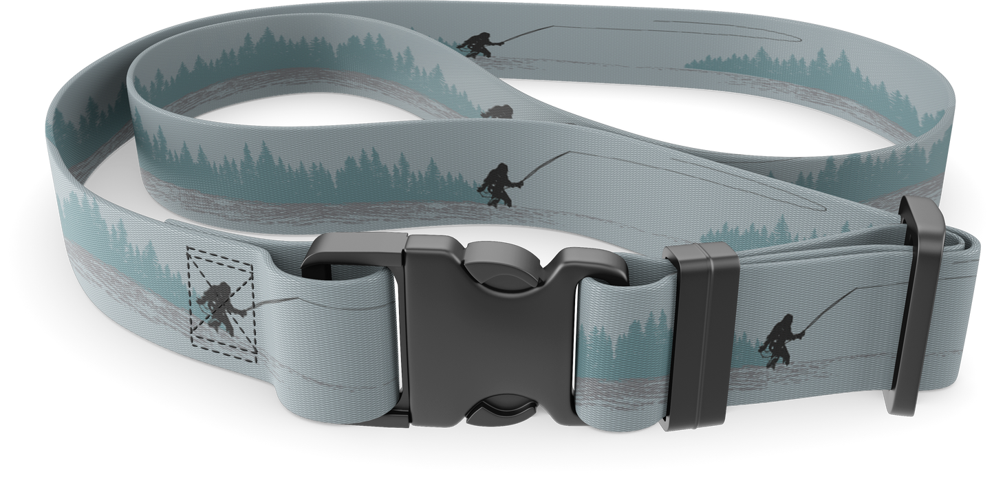 Wading belt with black buckle and silhouette of foliage and sasquatch fishing