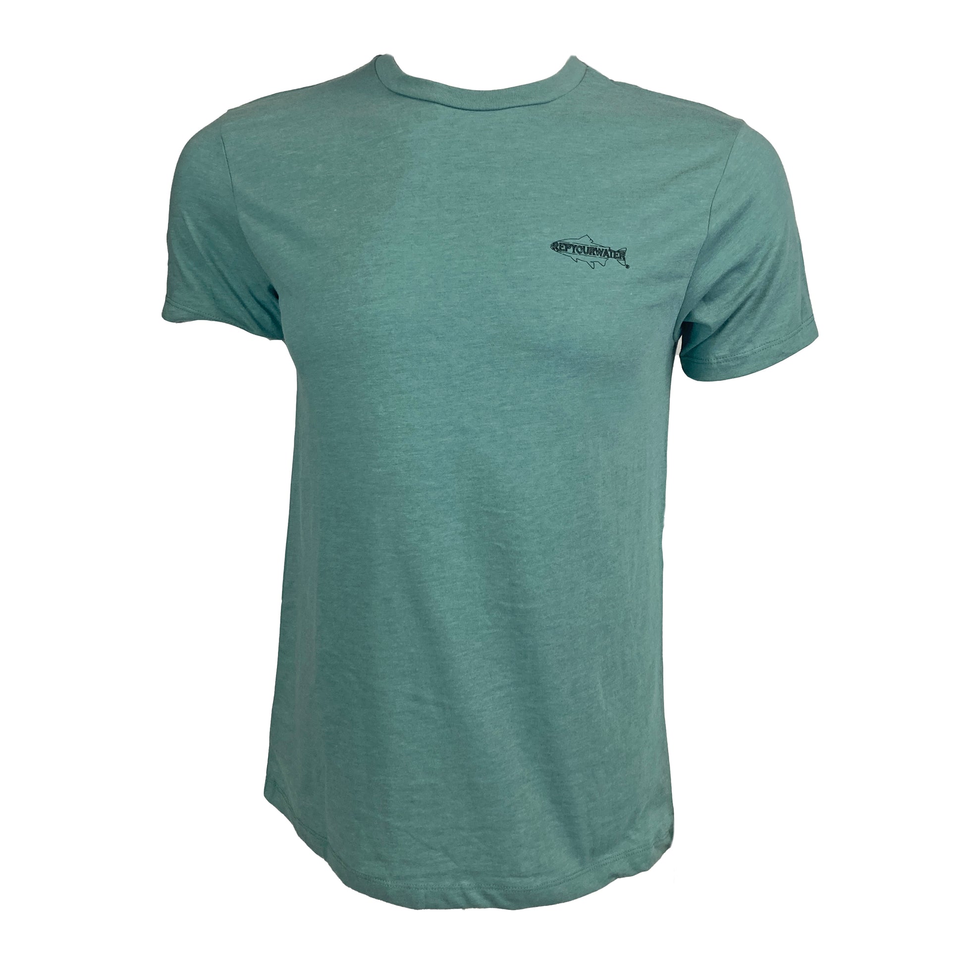 Blue green tee shown from the front with Rep Your Water logo on wearer's left chest.