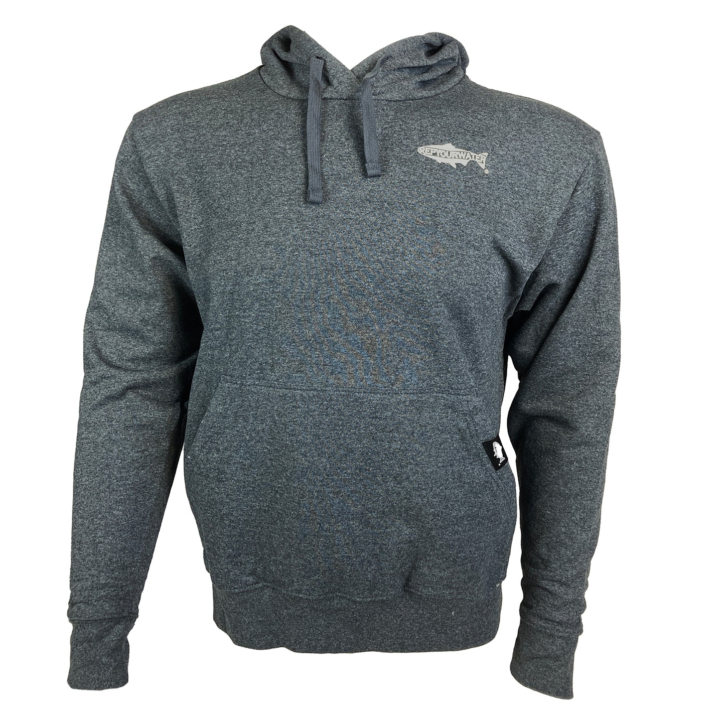 Gray hoody shown from the front with Rep Your Water logo on wearer's left chest.