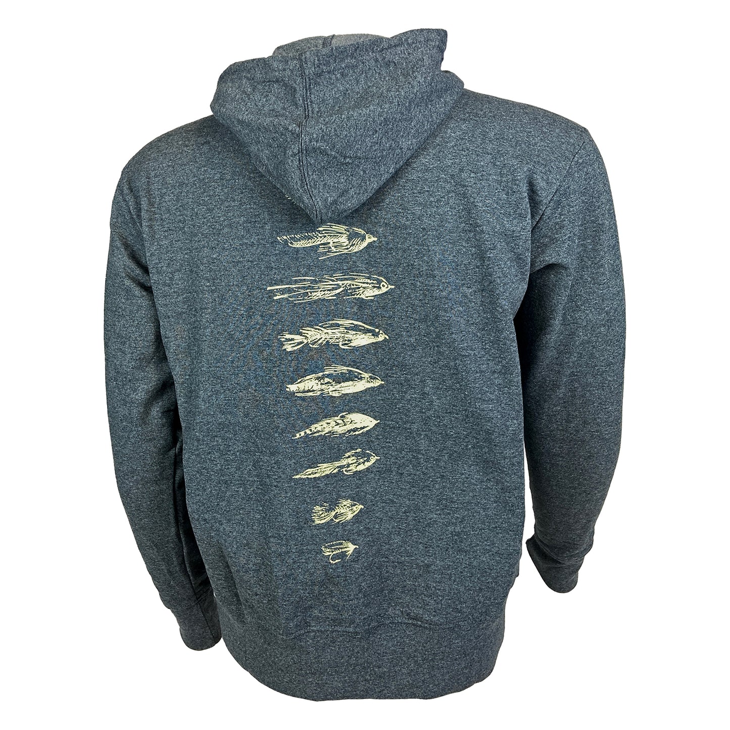 Dark grey hoody with streamer flies going down the spine