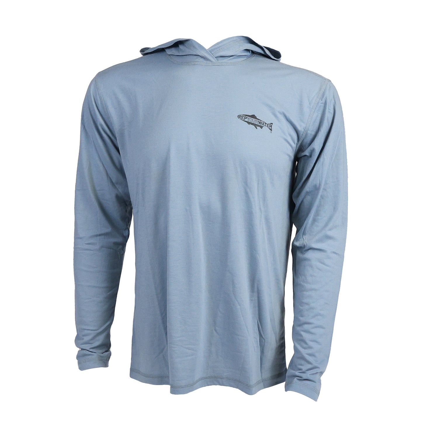 front of a light slate blue sun hoody with repyourwater fish and text logo on left chest