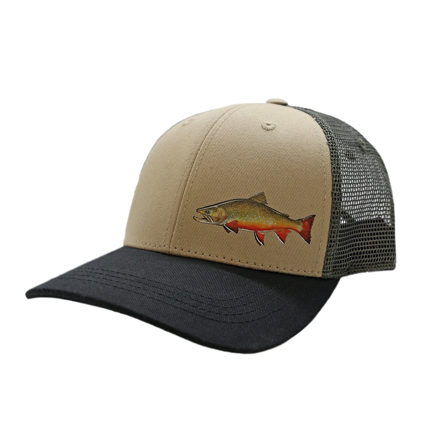 a hat with tan front, black bill, and green mesh back with a brook trout in the wearers lower left front corner.