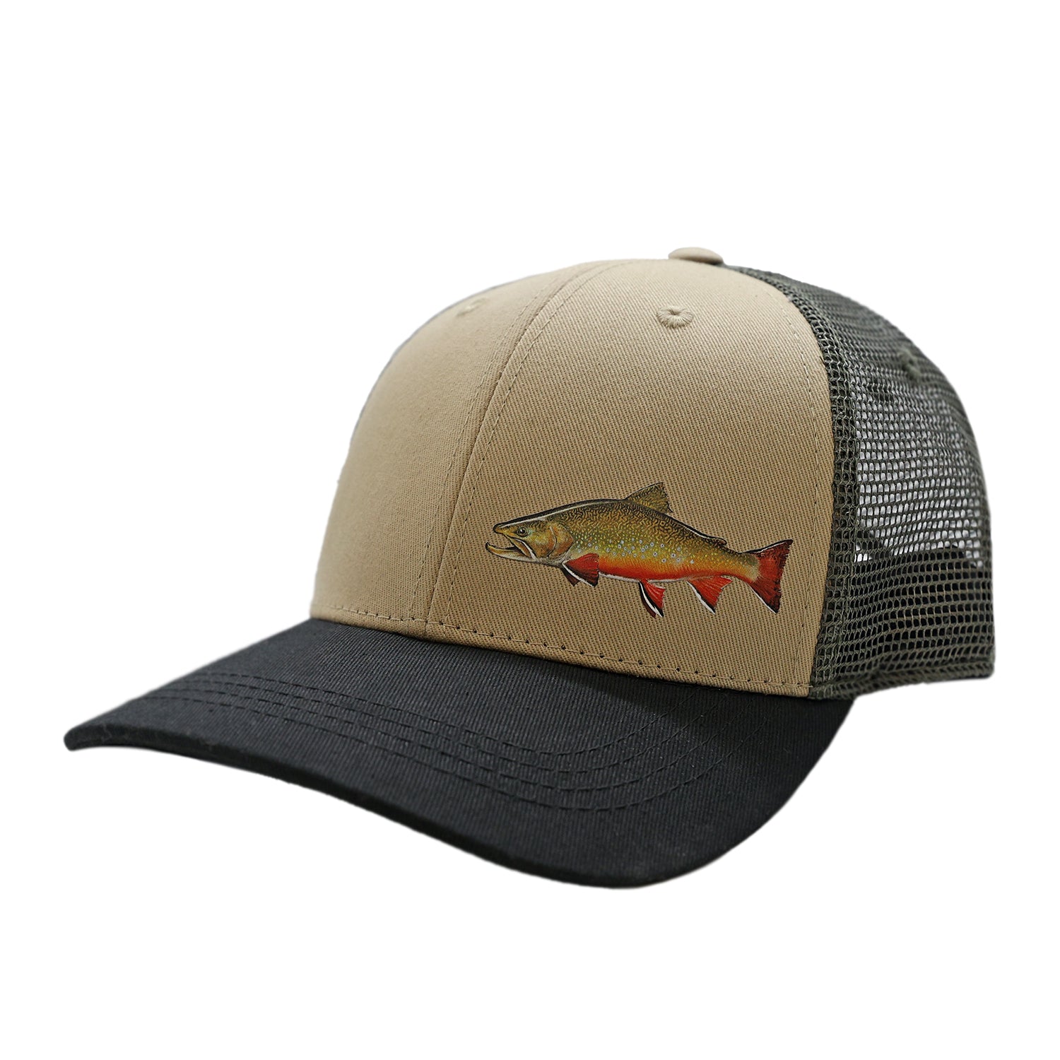 a hat with tan front, black bill, and green mesh back with a brook trout in the wearers lower left front corner.