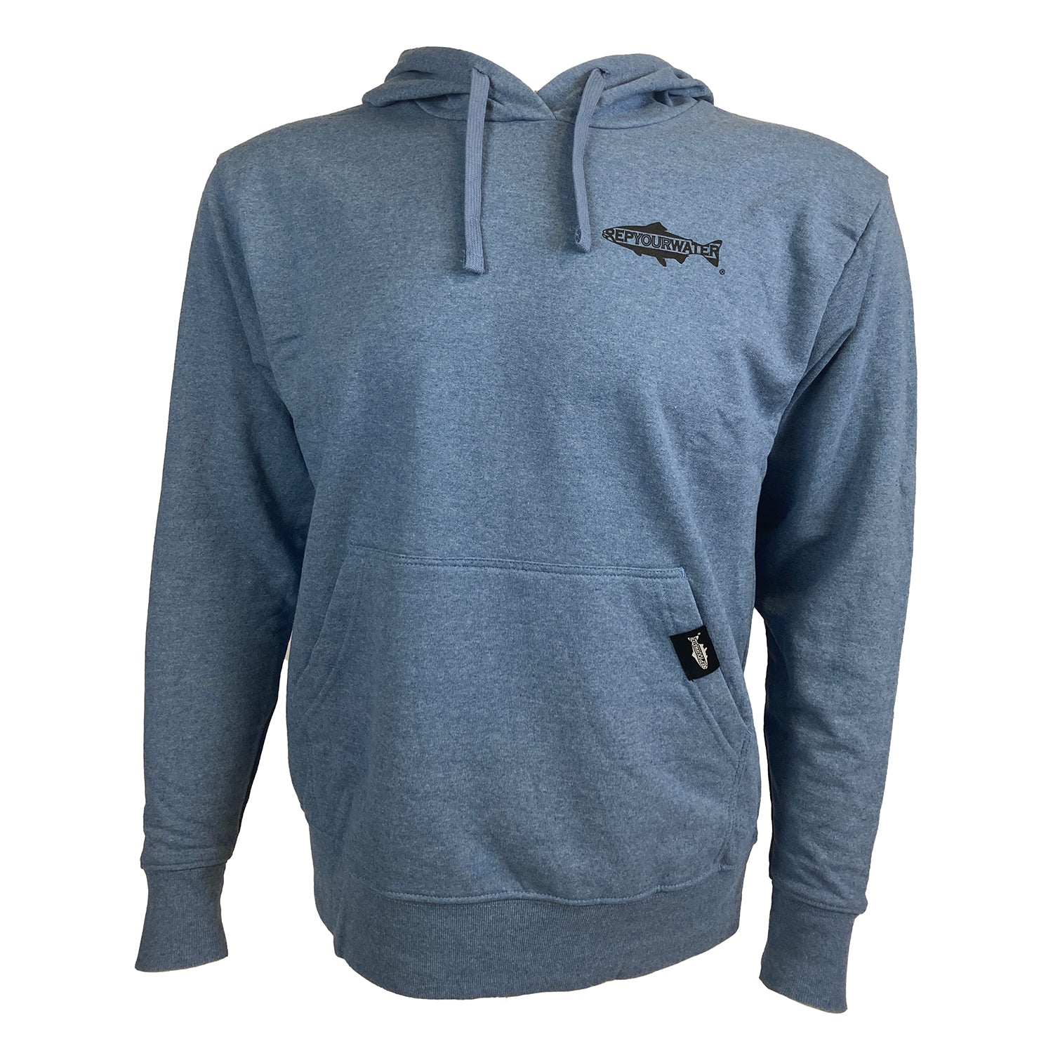 Blue hoody shown from the front with Rep Your Water logo on wearer's left chest.