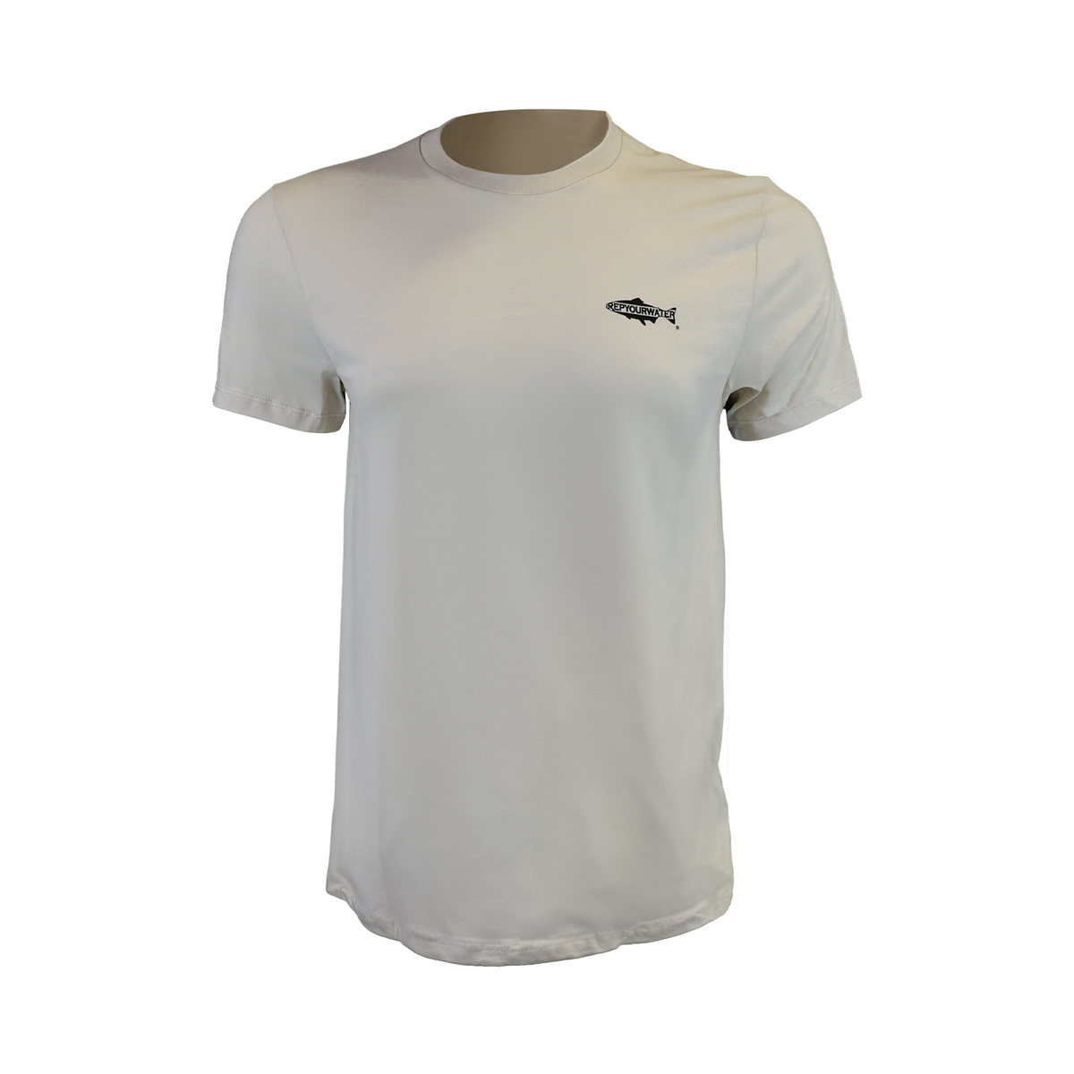 front of rising brown tan tee from repyourwater. shows fish silhouette and repyourwater on the front left chest