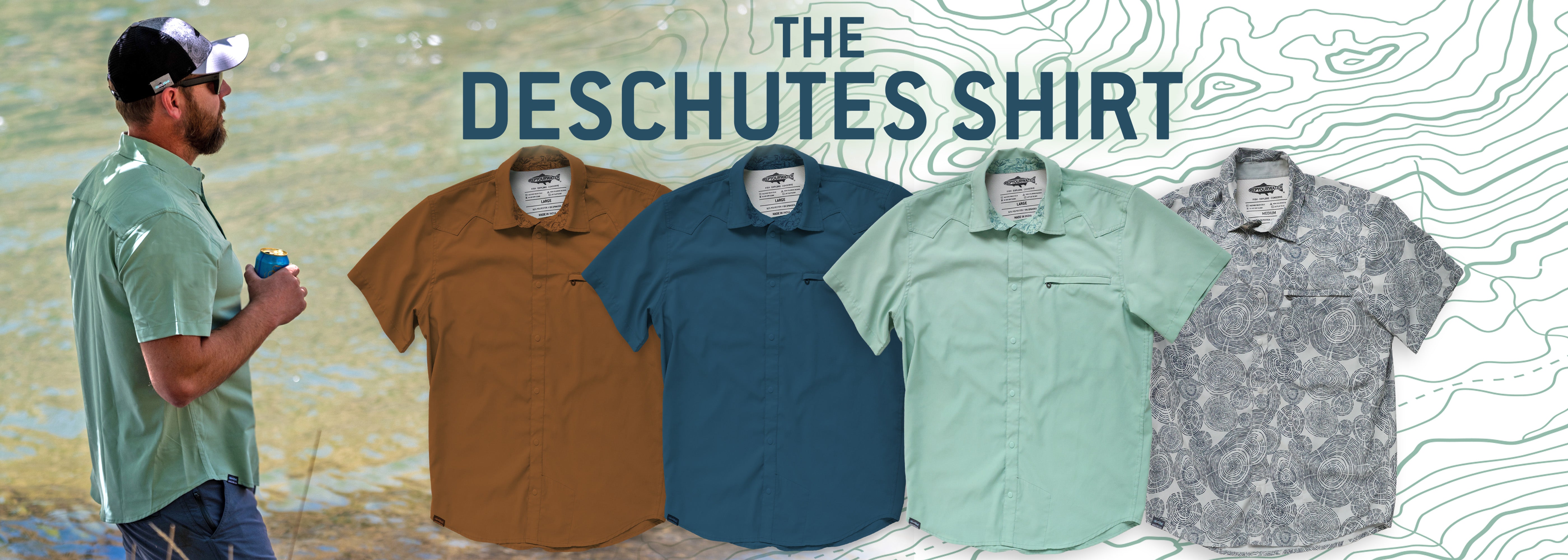 Man standing by a river wearing a light green Deschutes shirt, with four shirt color options displayed beside him