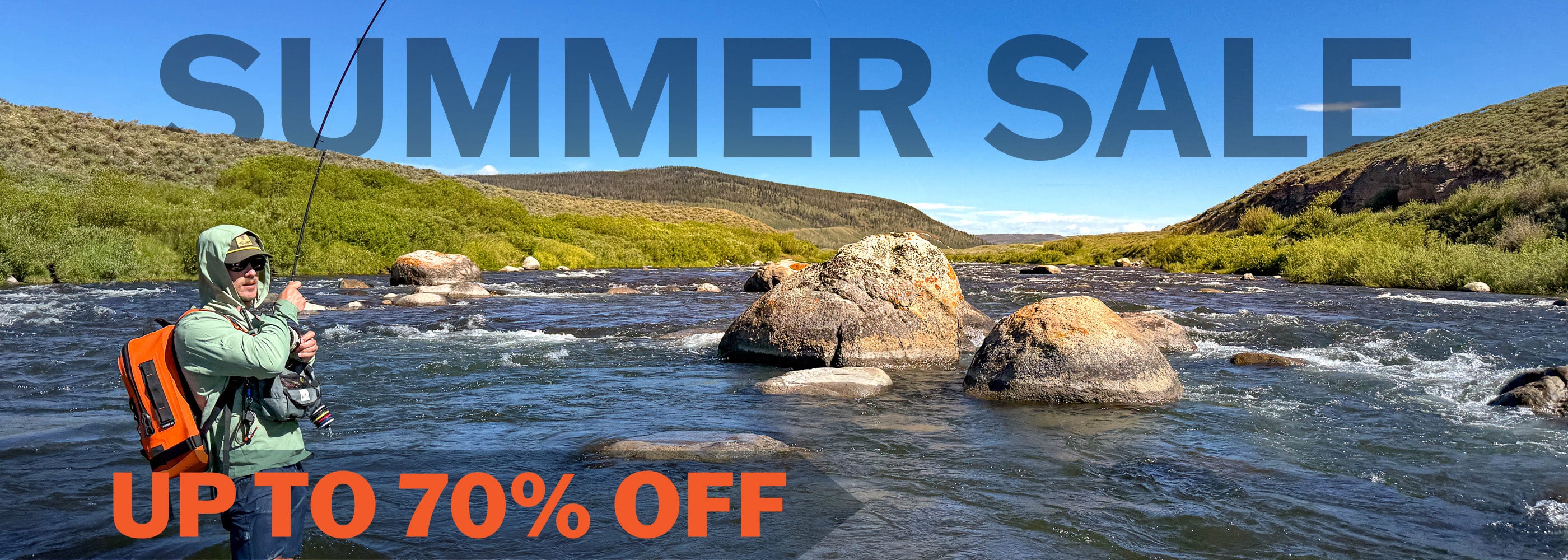 A promotional banner featuring a person fishing in a river outdoors, with large text reading 'SUMMER SALE' across the top and 'UP TO 70% OFF' in orange at the bottom.