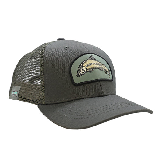 A hat with green mesh and gray front. The front features a whitefish.