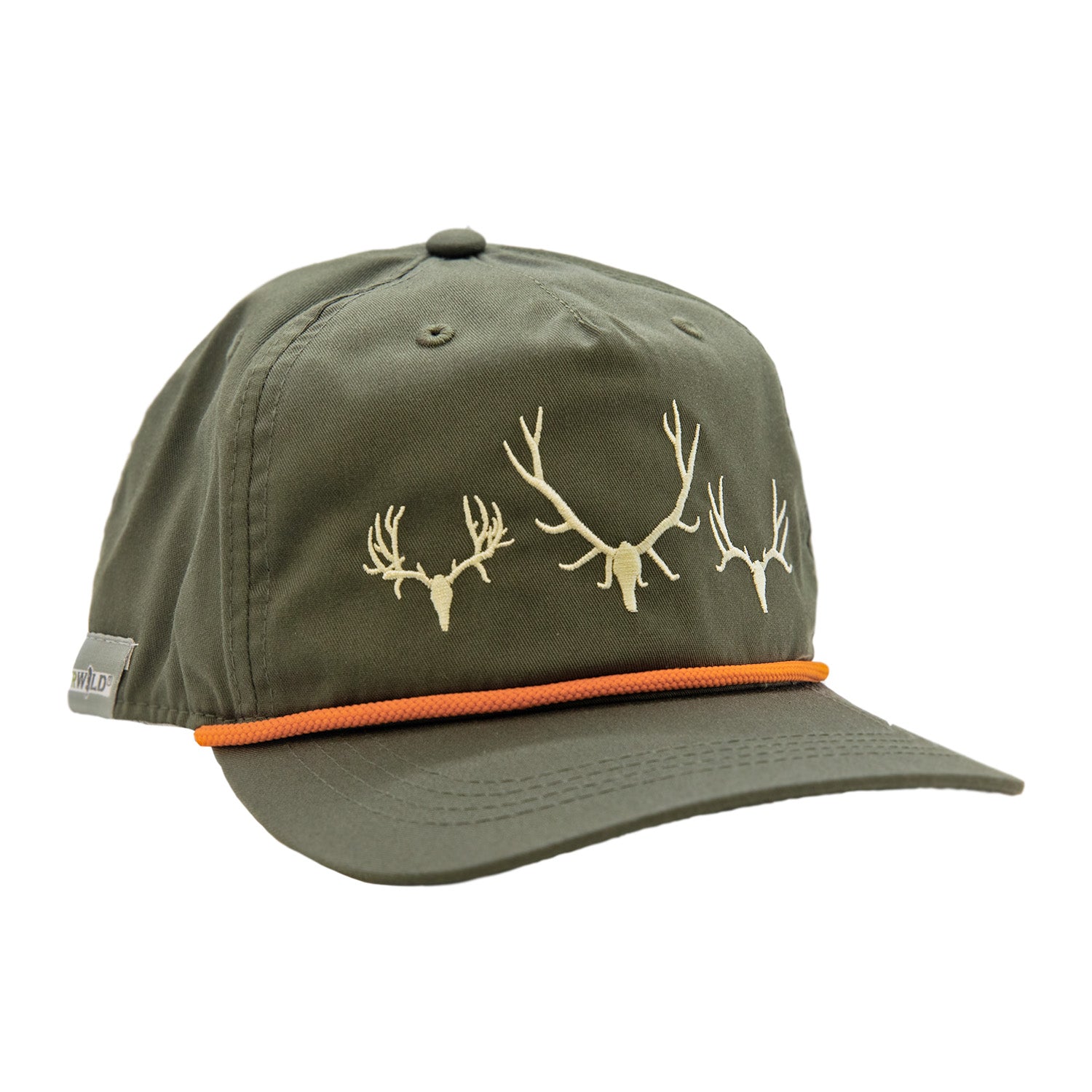 Green Full cloth hat with orange rope. on the front shows the skulls of an elk, mule deer and whitetail deer in off white