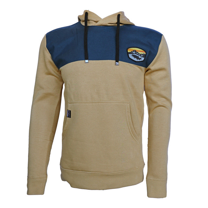 buck skin hoodie with navy yoke with a badge on the front left chest showing a fish silhouette and mountains with a sunset
