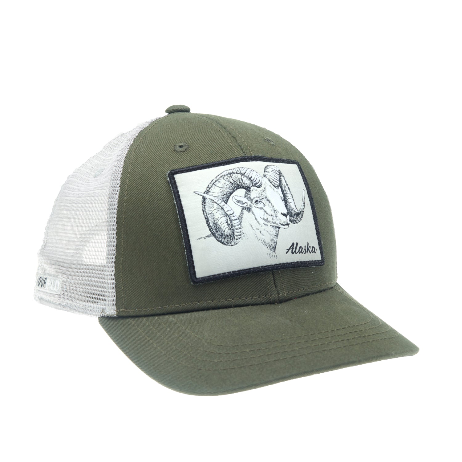 A baseball style cap has green fabric on front with a large patch showing a dall sheep and the word alaska on it the back mesh is light gray