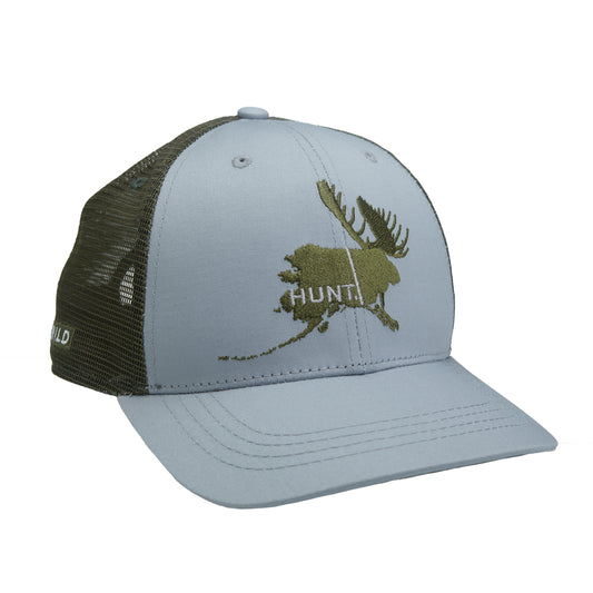 a baseball style cap has light gray fabric in front with embroidery of the state of alaska on one side and the head of a moose on the other side the word HUNT shows within the state of alaska and the mesh on back of the hat is green