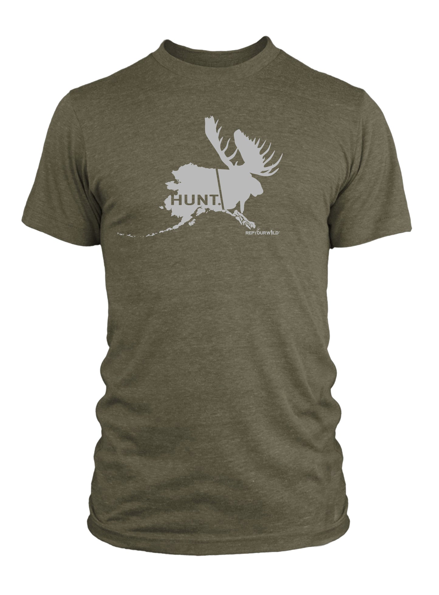a green short sleeved tee shirt with a print in light gray of the state of alaska on one side and the head of a moose on the other side the word HUNT shows within the state of alaska