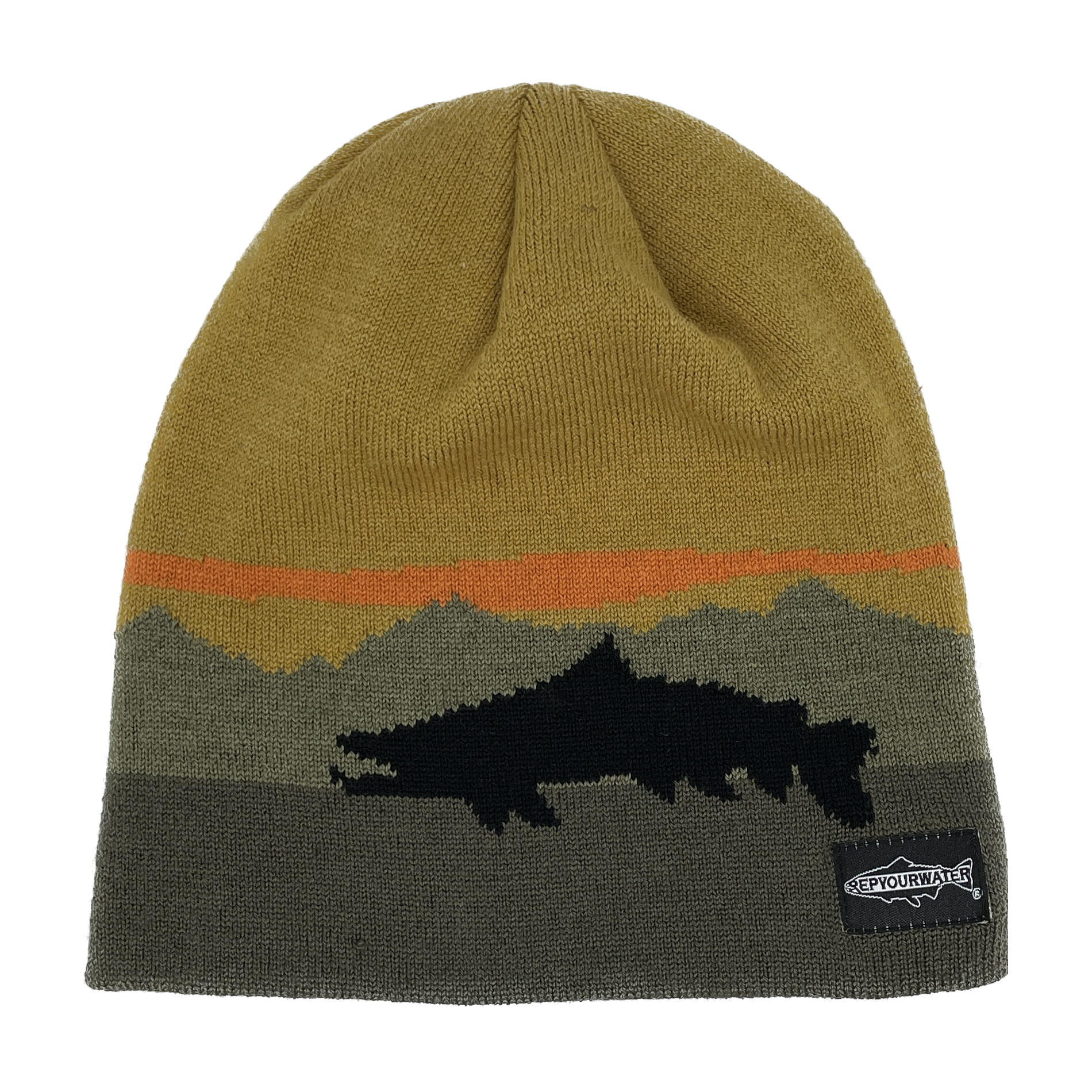 A winter hat with no cuff has a digitized image of a mountain range in the background with a black trout silhouette in the front.  There is a black tag that reads repyourwater.