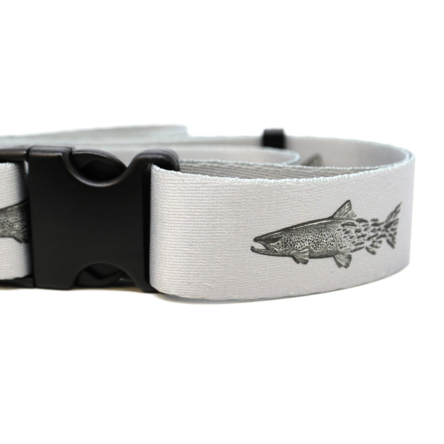 grey wading belt that has repeated pattern of a brown trout that transitions into flies towards the tail