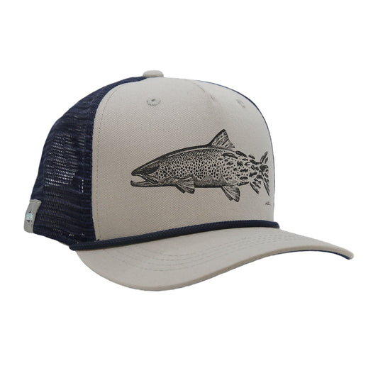 A hat with blue mesh in back and gray fabric in front has a drawing of a trout trout head turning into streamers shaped likes its tail