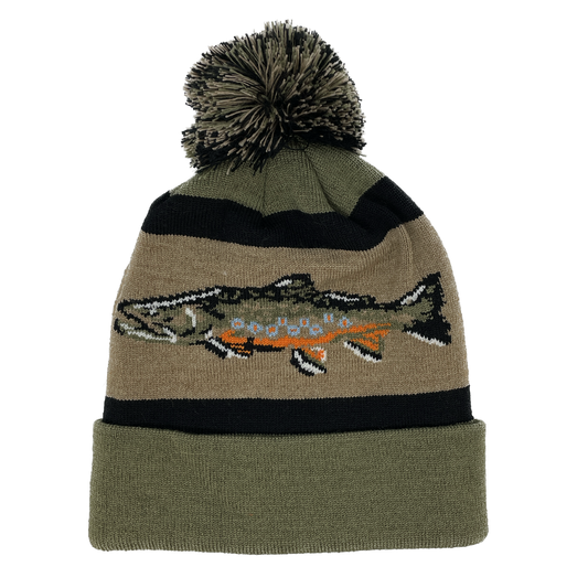 A winter hat with a green cuff shows a brook trout on the main area with a black stripe and multi colored poof on top