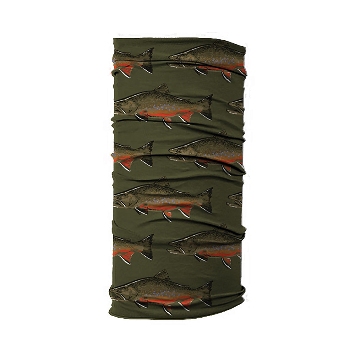 A green neck tube with repeated prints of a large brook trout