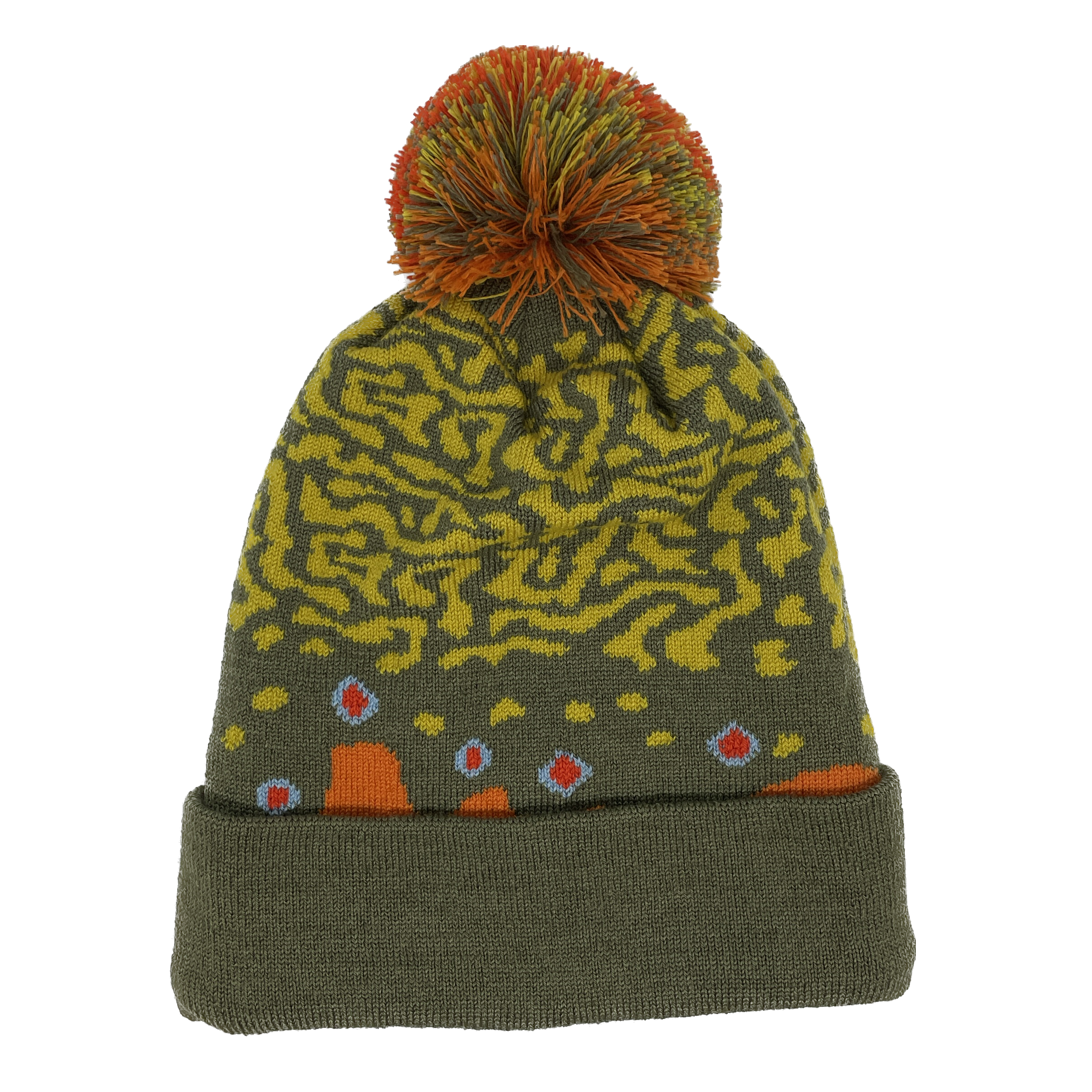 A winter hat imitating brook trout skin with a red and green poof on top and a green cuff