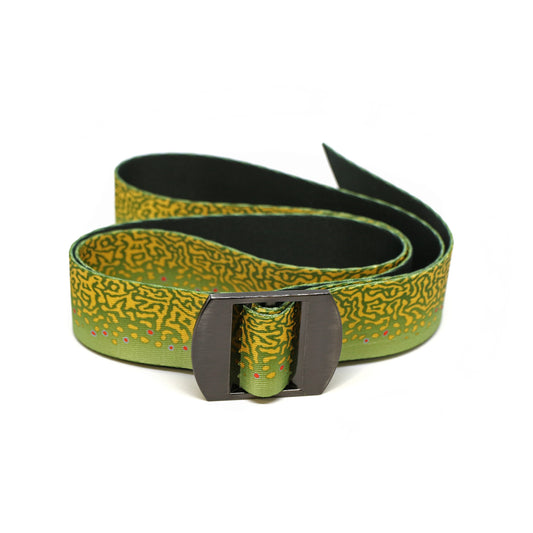 A nylon belt with a metal front buckle has brook trout print