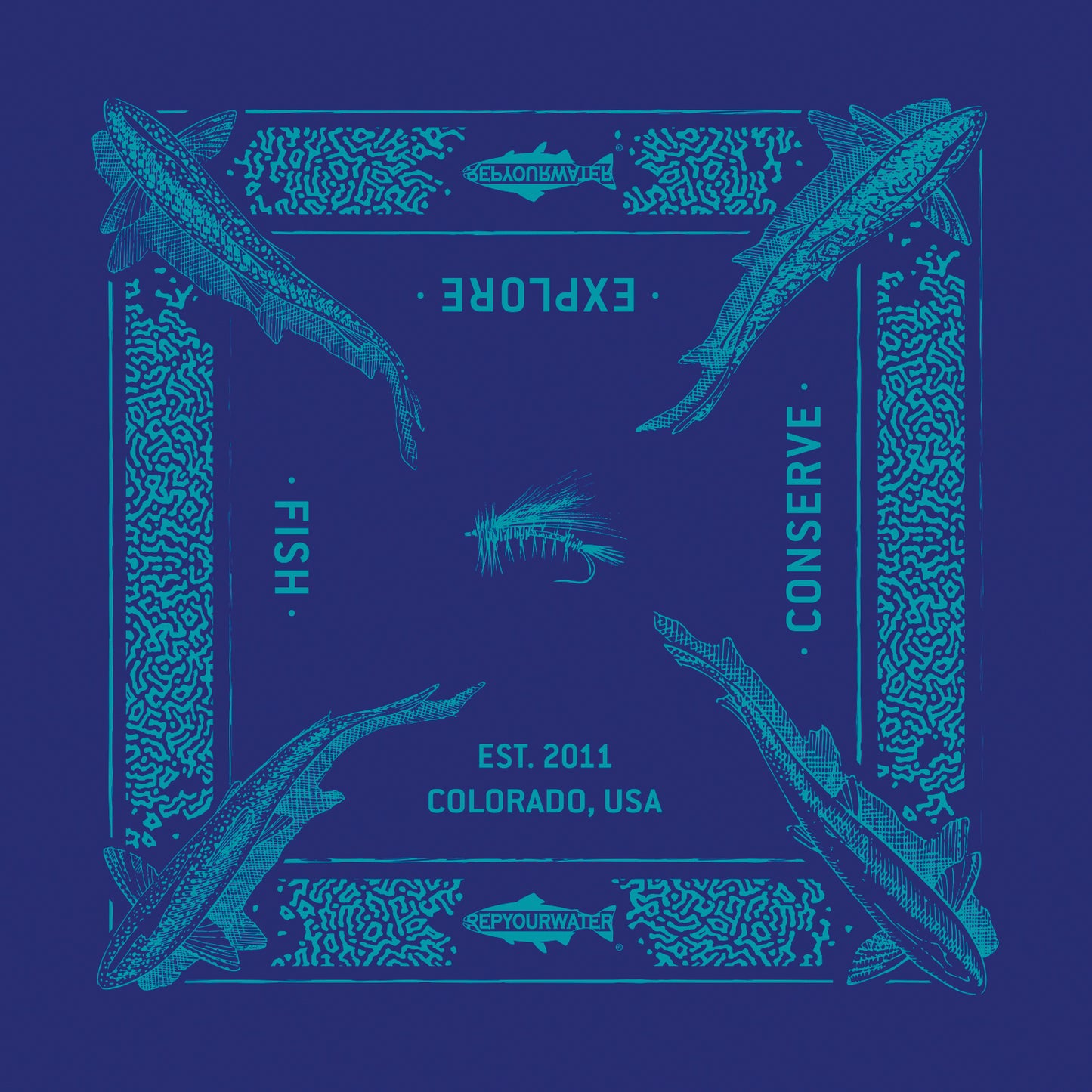 A bandana mockup shows a repeating pattern of trout from above in each color and a border imitating trout print. There are two logos that read repyourwater inside a trout silhouette. The words Fish explore conserve and est 2011 colorado USA are written. A dry fly is in the middle. The bandana is blue