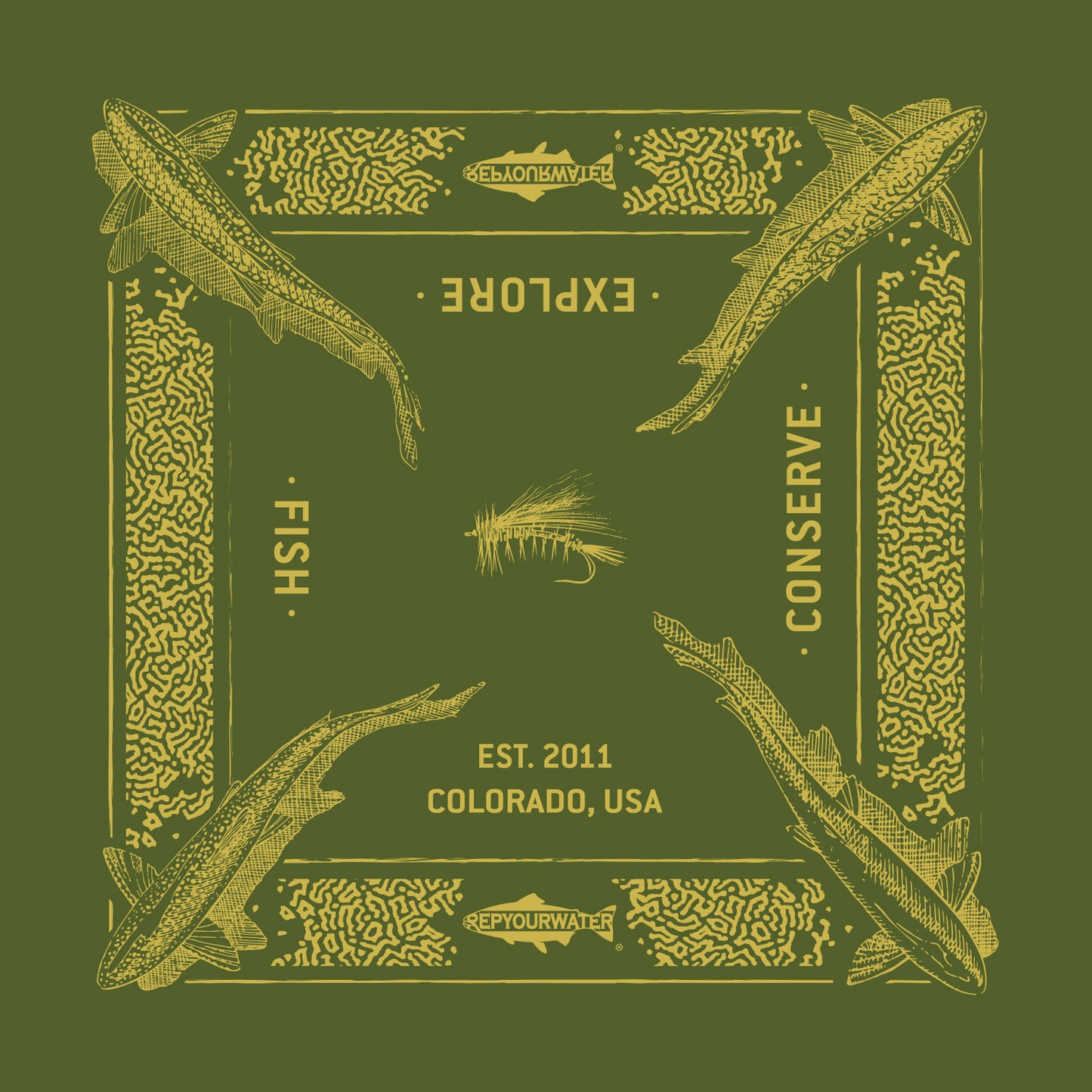 A bandana mockup shows a repeating pattern of trout from above in each color and a border imitating trout print. There are two logos that read repyourwater inside a trout silhouette. The words Fish explore conserve and est 2011 colorado USA are written. A dry fly is in the middle. The bandana is green