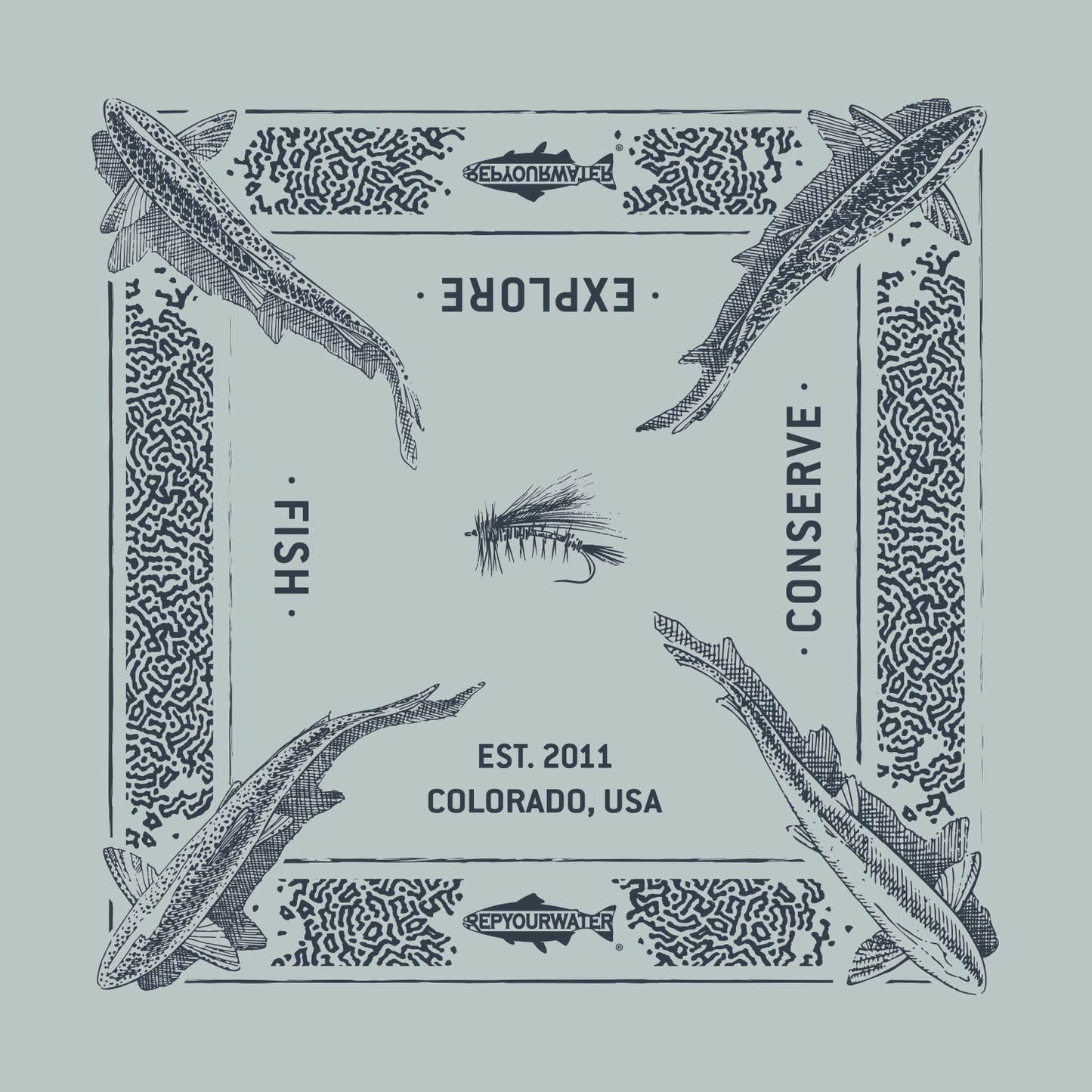 A bandana mockup shows a repeating pattern of trout from above in each color and a border imitating trout print. There are two logos that read repyourwater inside a trout silhouette. The words Fish explore conserve and est 2011 colorado USA are written. A dry fly is in the middle. The bandana is gray