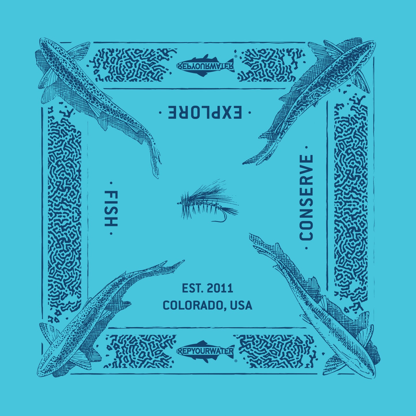 A bandana mockup shows a repeating pattern of trout from above in each color and a border imitating trout print. There are two logos that read repyourwater inside a trout silhouette. The words Fish explore conserve and est 2011 colorado USA are written. A dry fly is in the middle. The bandana is turquoise.