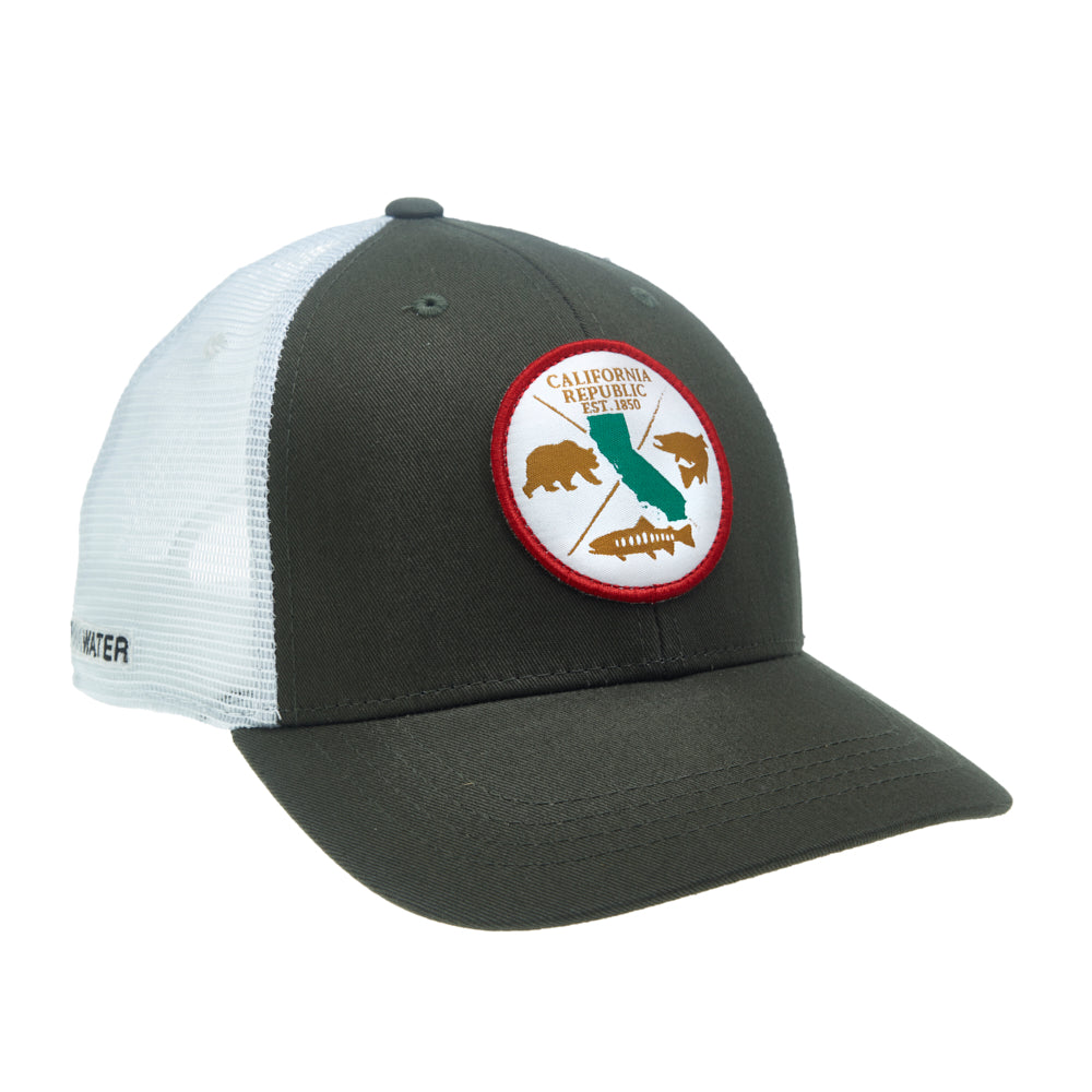 A hat with white mesh in back and green fabric in front has a patch on the front inside a circle that shows a bear, two different trout the state of california and the words california republic est 1850