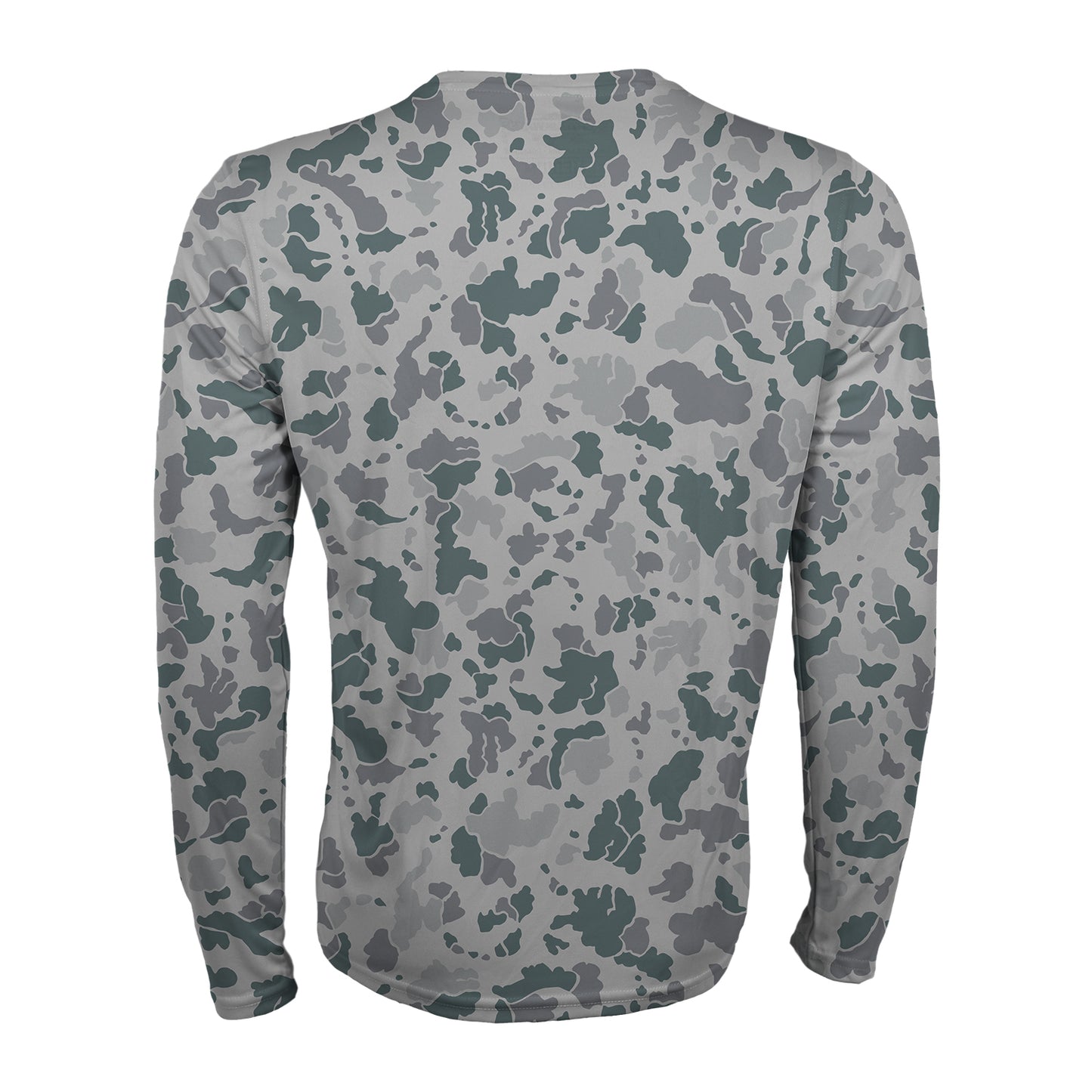 backside of gray toned camo printed long sleeve sun shirt