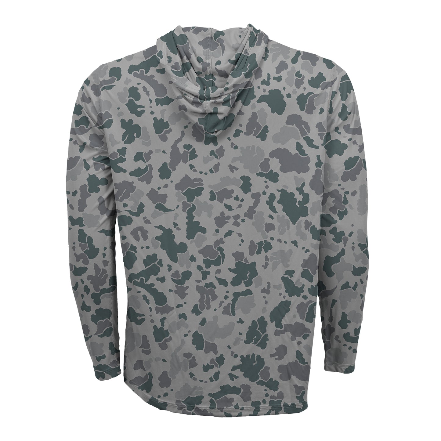 backside of gray toned Camo printed long sleeve  sun hoody