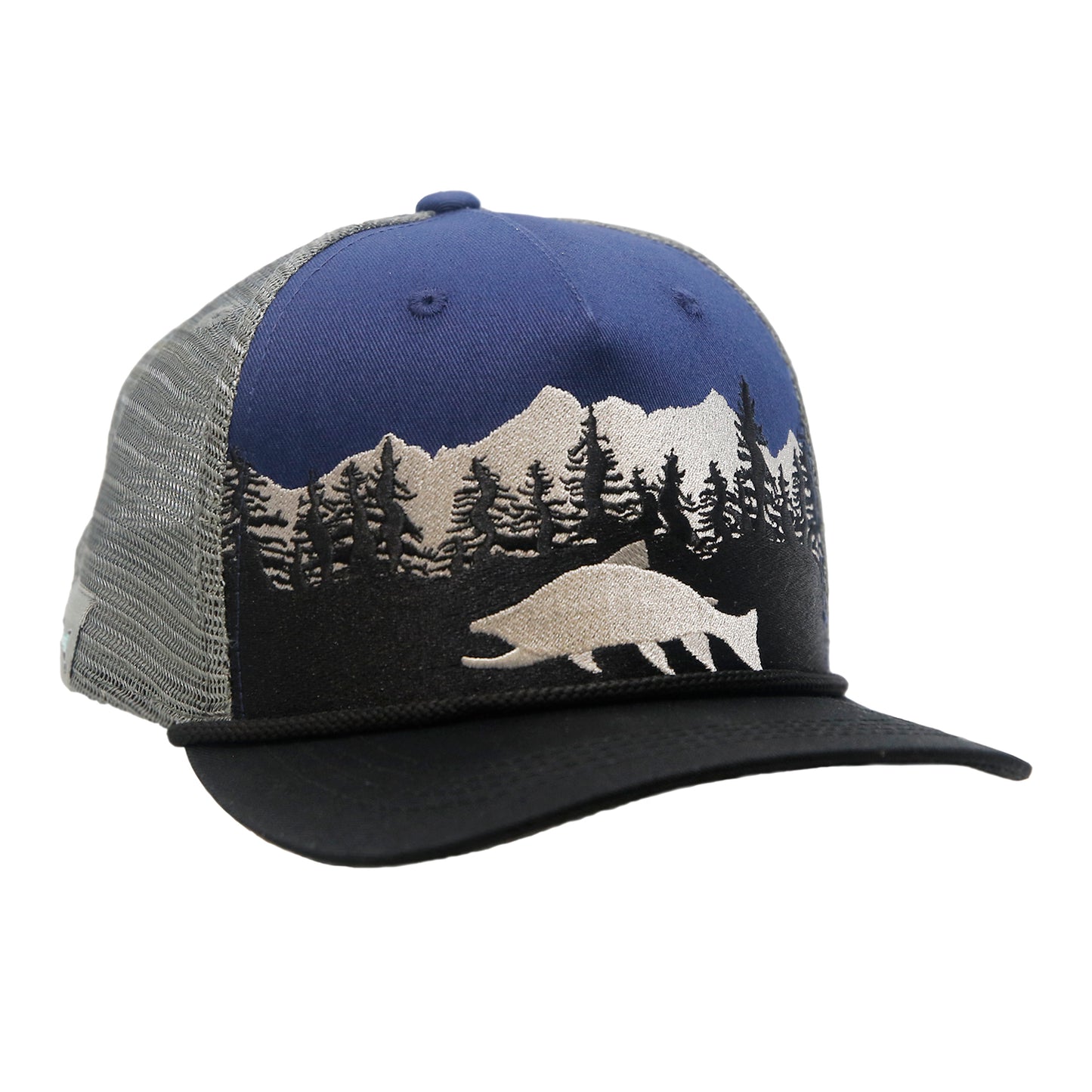 hat with gray mesh in the back and a black brim with a black rope above it. The front has embroidery of a fish in front of pine trees and a mountain with blue fabric in the background