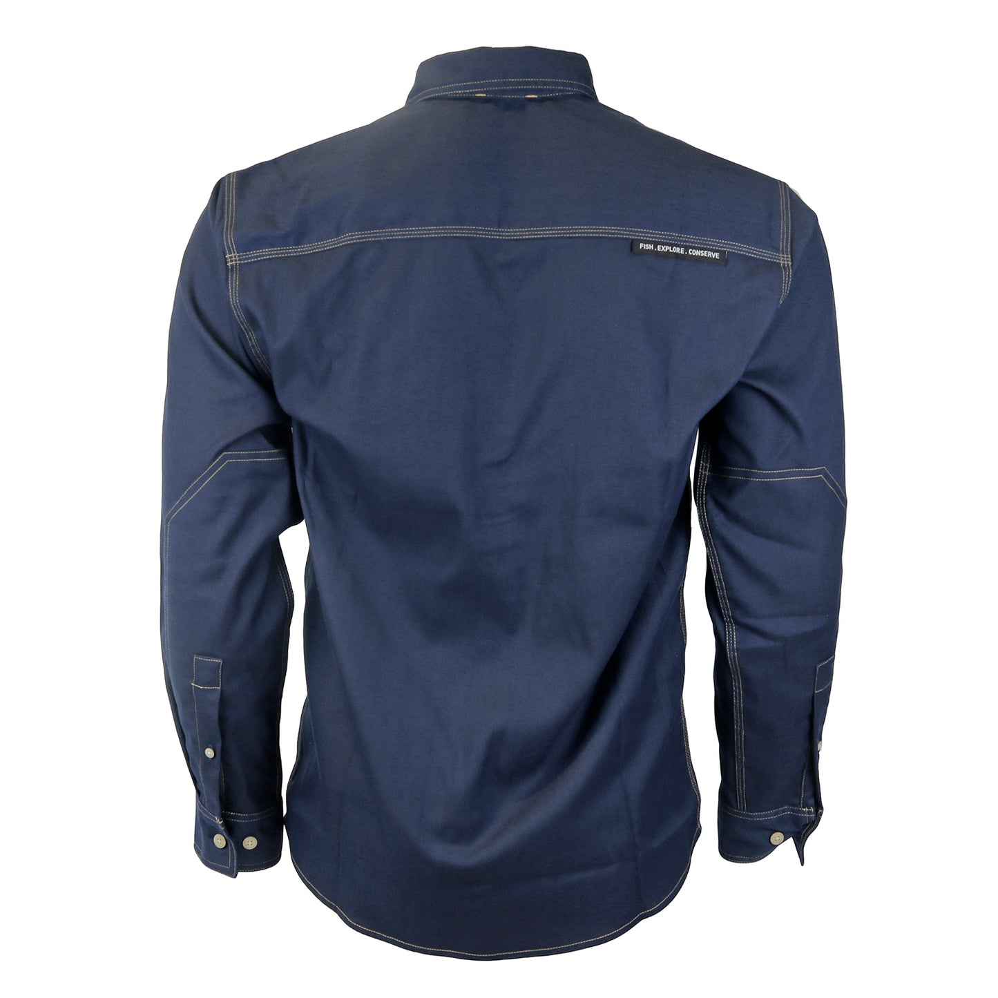 The back of a dark blue button down shirt.