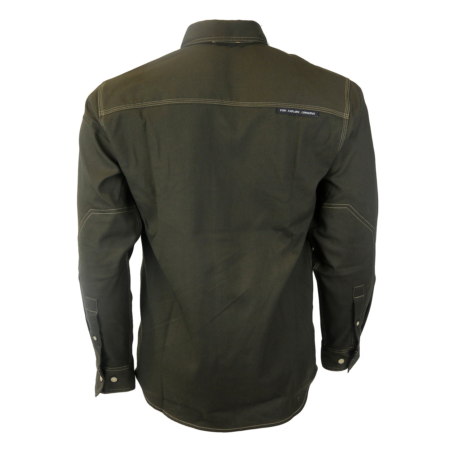 The back view of a dull green button down shirt.