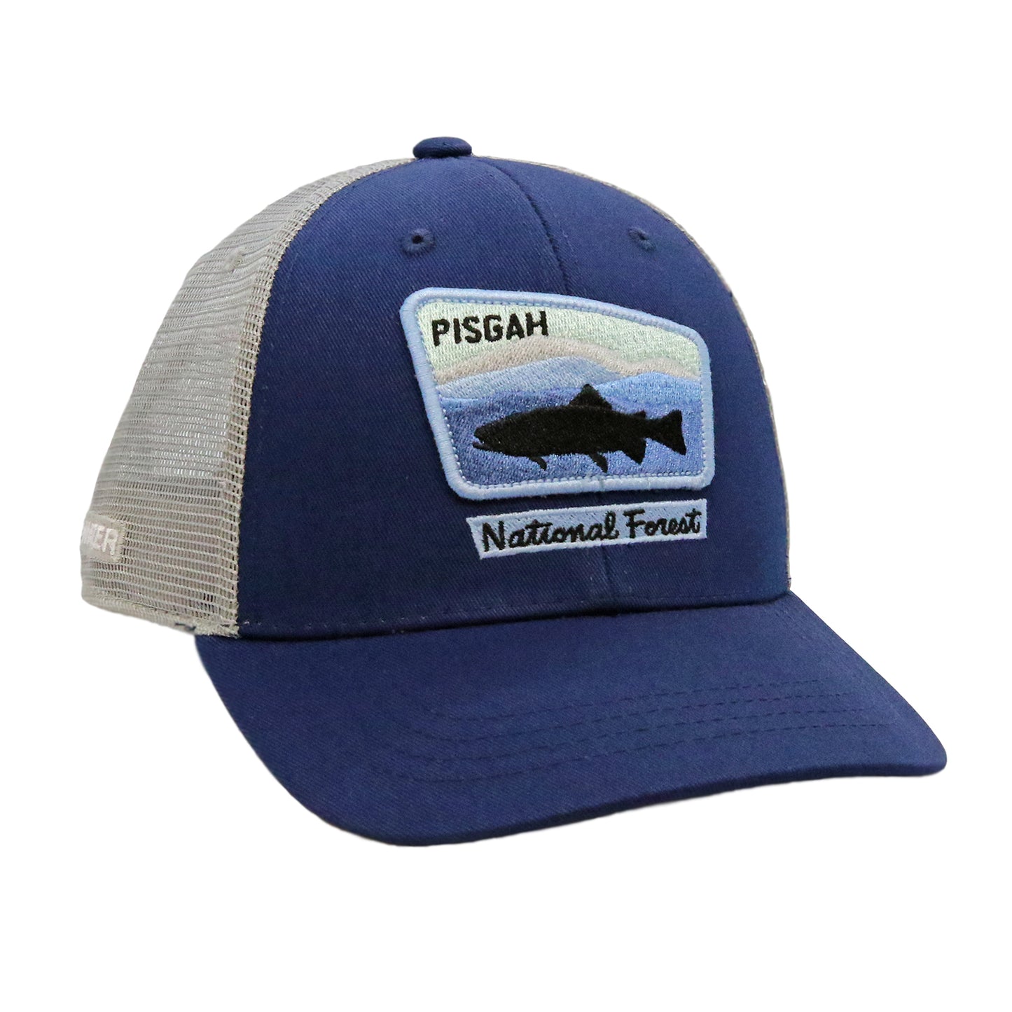 A hat with grey mesh back navy cloth front with a patch with a trout silhouette that reads Pisgah National Forest