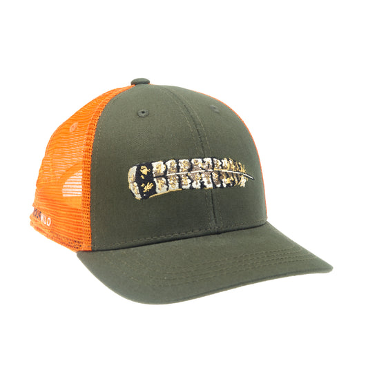 A hat with orange mesh in back and green fabric in front has embroidery of a feather