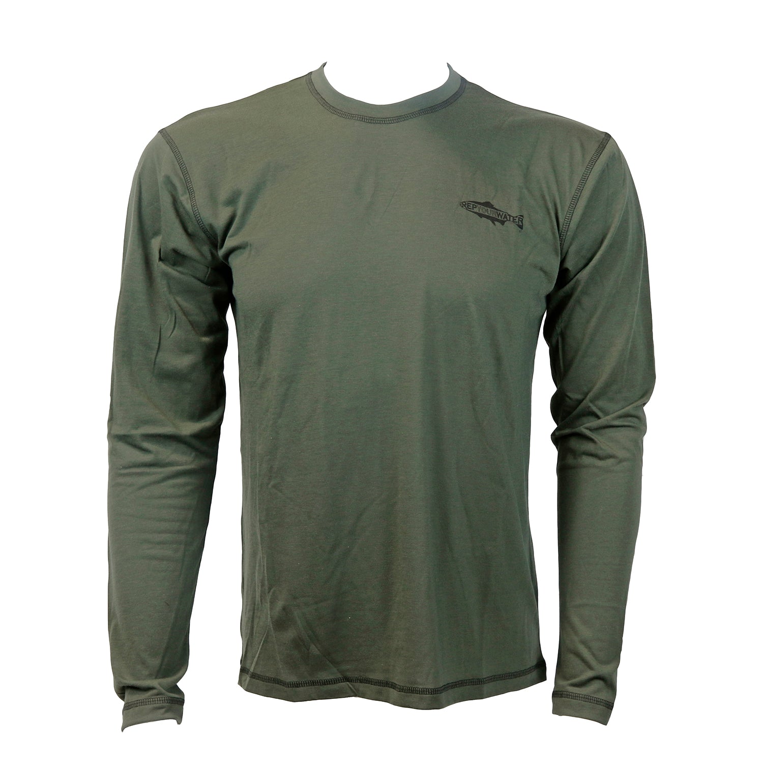 Olive green long-sleeve performance shirt with small fish logo on chest.
