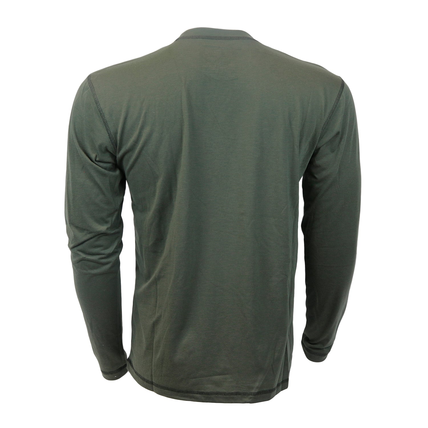 Back view of olive green long-sleeve performance shirt.
